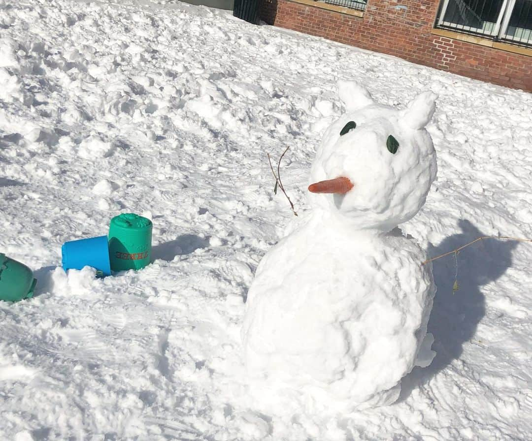 白渚すずのインスタグラム：「先週の大雪。 4年ぶりの大雪だったらしい。 こどもたちは大喜び！ 目のパーツを探しに行く前に "おめめ"と息子が雪のボールを作り目を作ってたので 捨てるの可哀想だなと耳にしてみたら… 可愛い雪だるまが出来ました⛄️  #snow#snowman#雪#雪景色#大雪#NewYork#NY#nyc#NY生活#ニューヨーク#アメリカ#usa」