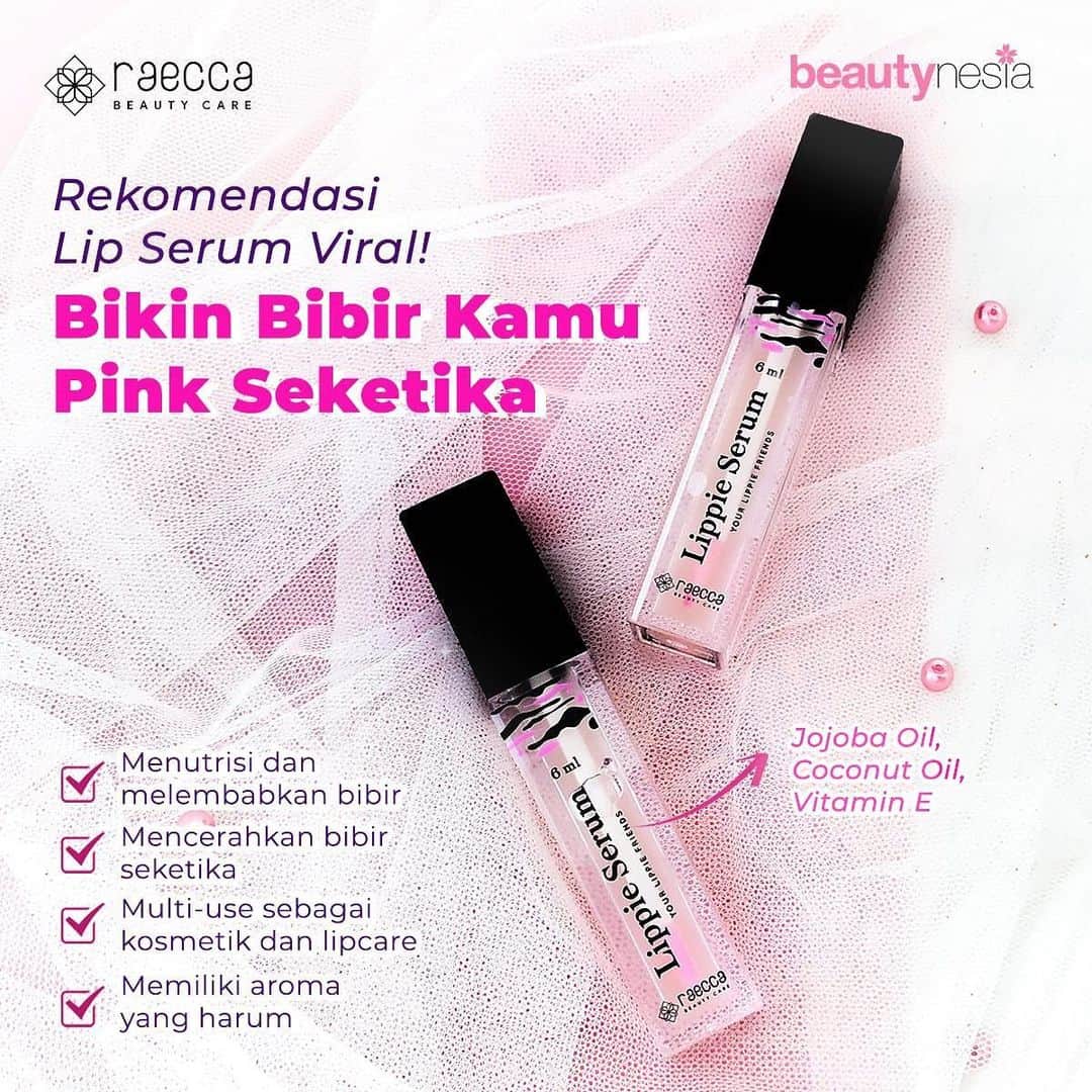 のインスタグラム：「Pasti kamu udah gak asing sama produk yang lagi viral ini kan ? Yes! Lippie Serum by Raecca . Lippie Serum ini bisa membantu mencerahkan warna bibir jadi pink seketika, tapi bukan berarti bikin bibir kamu pink permanen ya! Eits, gak perlu khawatir bibir kering Beautynesian. Lippie Serum ini  mengandung Jojoba Oil, Coconut Oil serta Vitamin E yang mampu melembabkan dan membuat bibir lebih sehat. Selain itu, saat pengaplikasian lip serum ini gak membuat bibir lengket, jadi aman nih untuk digunakan sehari-hari. Harganya juga terjangkau banget, cuma 49 ribu aja. Harga yang tergolong sangat terjangkau untuk manfaat yang sangat banyak. Kamu udah cobain belum nih Beautynesian ?⁣ ⁣ Komen dibawah yuk pengalaman kamu menggunakan Lippie Serum ini.⁣」