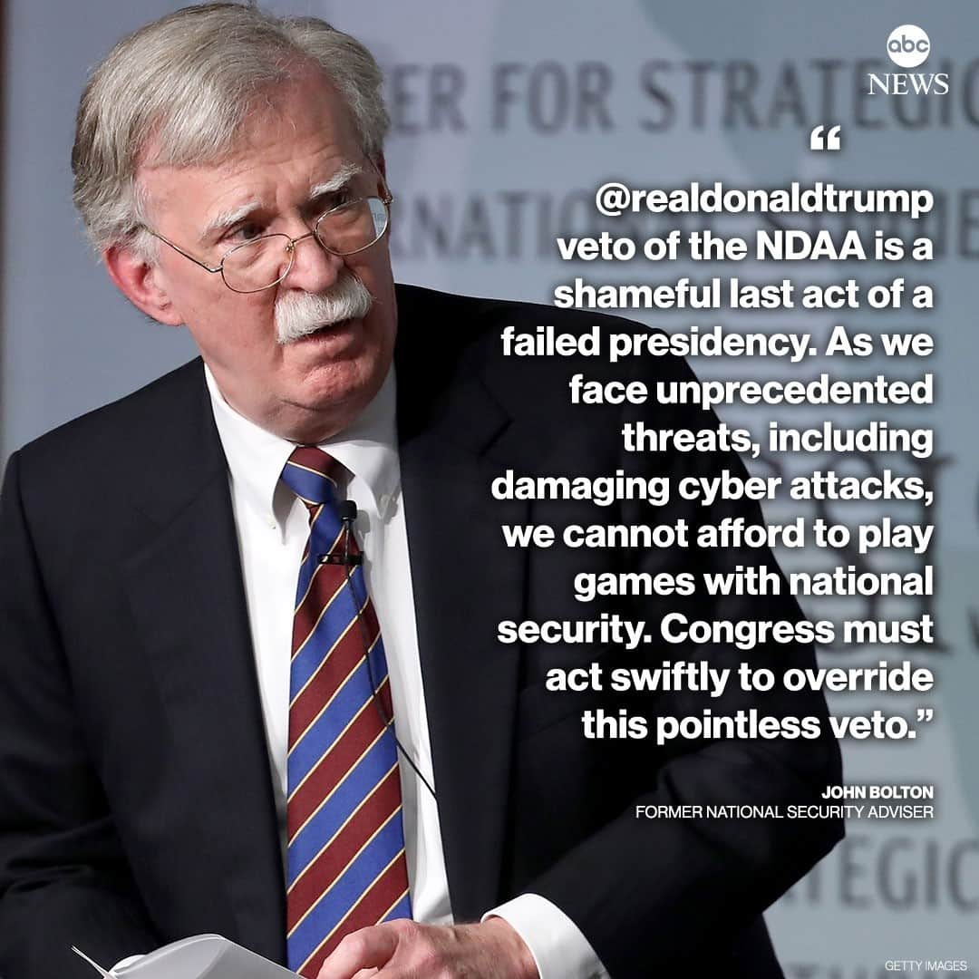 ABC Newsさんのインスタグラム写真 - (ABC NewsInstagram)「NEW: John Bolton, Pres. Trump's former national security adviser, calls the president's veto of defense bill "a shameful last act of a failed presidency." #johnbolton #donaldtrump #ndaa #defensebill #veto #usmilitary #section230⁠ ⁠ Read details in LINK IN BIO.」12月24日 6時36分 - abcnews