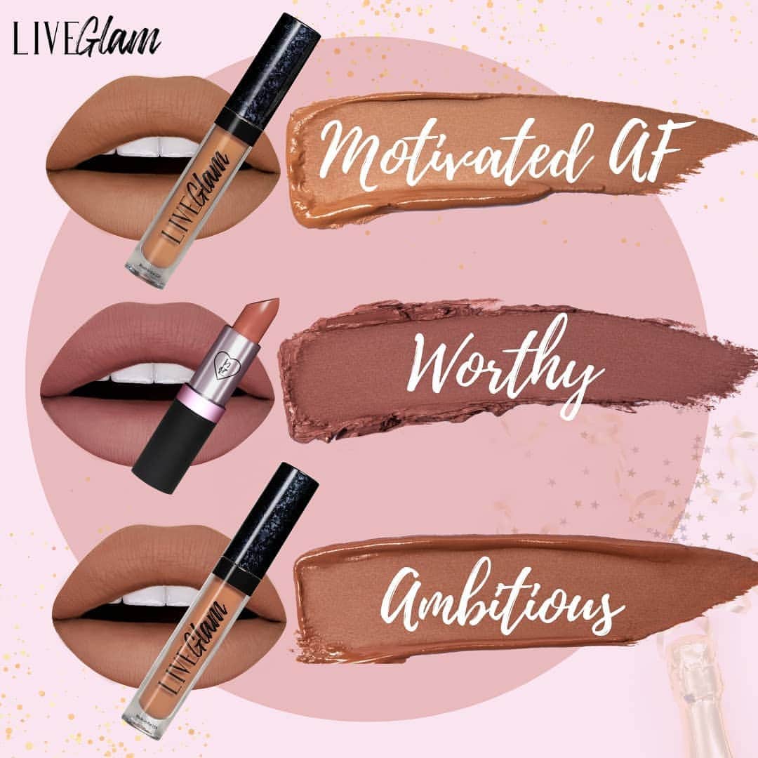 LiveGlamのインスタグラム：「AVAILABLE NOW: #LiveGlam January 2021 Lippie Collection: Goal Getter! ⁣✨💄 . 👄Motivated AF: This warm, toffee shade will keep your future looking bright! 👄 Worthy: Say a toast and get glowing with this creamy, long-wearing deep pinky nude lipstick bullet! 👄 Ambitious: This matte, peach golden lippie is fab for any occasion!  BONUS: This month, we want to celebrate our glamazing, loyal #LiveGlamFam 💖 All Lippie and Brush Club members will receive a FREE, exclusive LiveGlam makeup brush in their package this month!  Wanna trade? If you’re a current LiveGlam member & not feeling one or all of these lip products, no worries! Just log in to your account before your next billing date and you can TRADE for a different product! 😍⁣ . Comment your favorite lippie for a chance to win the collections! 💋 . Congrats to winner 🎊 @sylvia_love_11 ! Please DM us to collect your prize! 💋💋」
