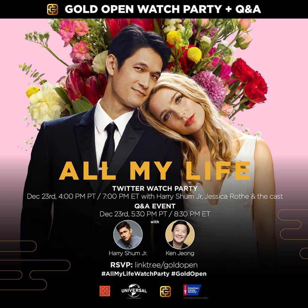 ハリー・シャム・ジュニアのインスタグラム：「It’s HERE! Join me @jessica_rothe and the cast of @AllMyLifeMovie for a watch party! Rent the movie TODAY at www.WatchAllMyLife.com and tweet along with us @ 4pm PT using #AllMyLifeWatchParty #GoldOpen. There’ll be a special @GoldHouseCo Q&A with me and @KenJeong right after @ 5:30pm PT. See you there!」