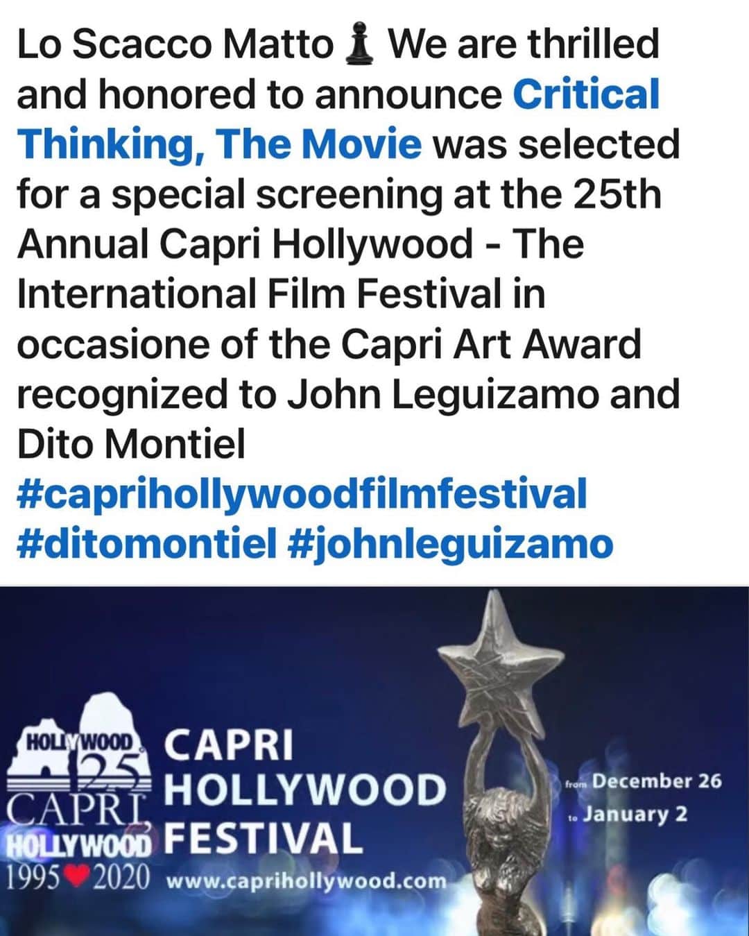 ジョン・レグイザモさんのインスタグラム写真 - (ジョン・レグイザモInstagram)「Our fifth festival!  And a win!  So so honored and proud!  Thank you Capri film fest!  Capri is my favorite vacation spot!  And the history is amazing!  #criticalThinking the little movie that could! Congrats 🍾 brilliant screenwriter @ditomontiel」12月24日 3時44分 - johnleguizamo