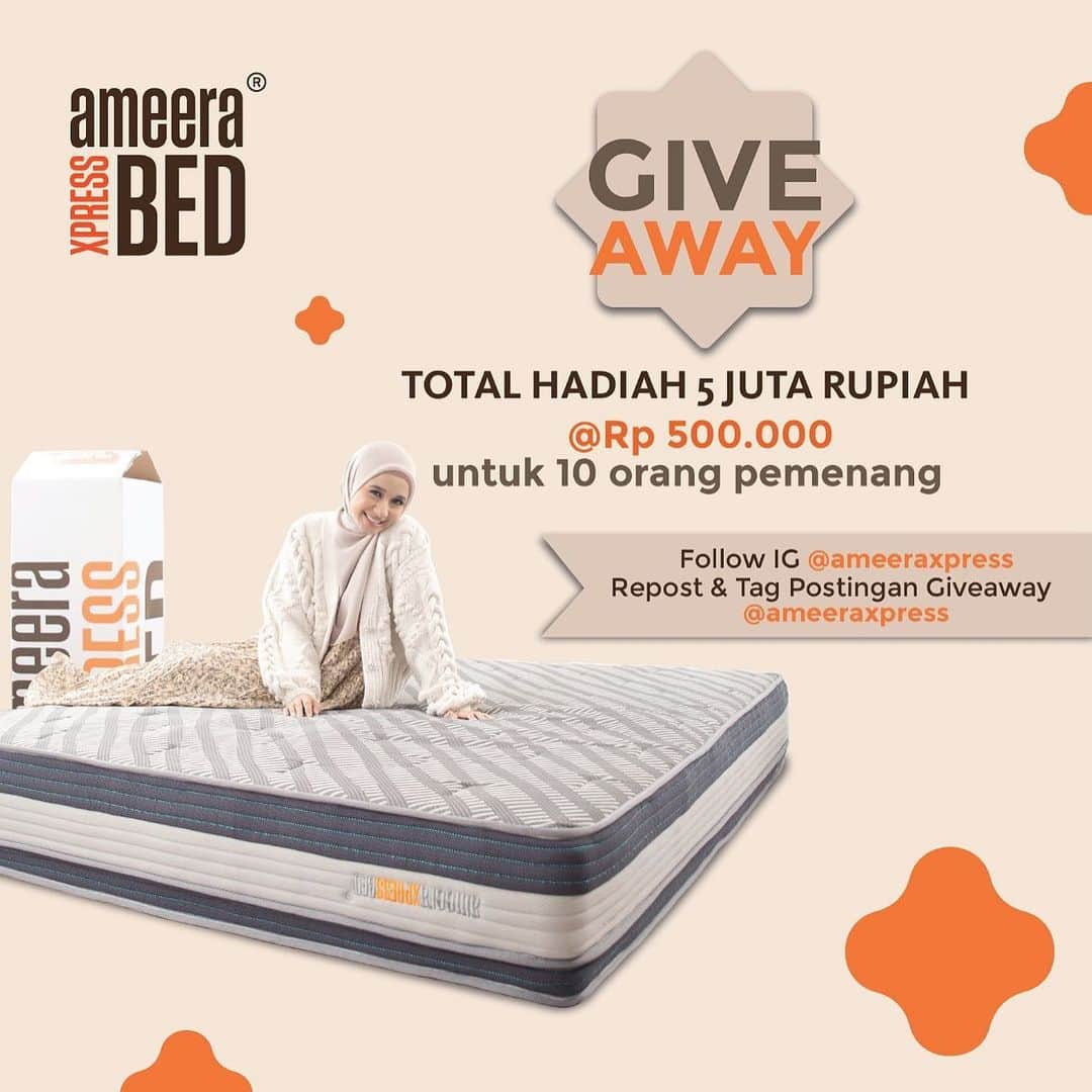 ラウディアシンシアベラのインスタグラム：「Bismillah 🧡  Ameera Xpress Bed mau bagi-bagi Giveaway Total 5 Juta Rupiah untuk 10 orang pemenang 🎊🎉  Cara ikutannya gampang banget Yuk, ikutan! kalian bisa langsung ikuti cara di bawah ini ya :  1. Follow Instagram @ameeraxpressbed  2. Repost postingan giveaway di Instagram Ameera Xpress Bed dan tag @ameeraxpress (Instagram tidak di Private) 3. Mention 3 Orang teman mu di kolom komentar postingan giveaway instagram @ameeraxpressbed dan sertakan hastag #AmeeraXpressBed dan #AmeeraXLCB 4. Pemenang akan dilihat dari tingkat keaktifan di instagram @ameeraxpressbed   Periode sampai 31 Desember 2020 Semangat dan semoga beruntung ya kalian 🧡✨  #Ameera #AmeeraXpress #AmeeraXpressGiveaway #ameeraxlcb」