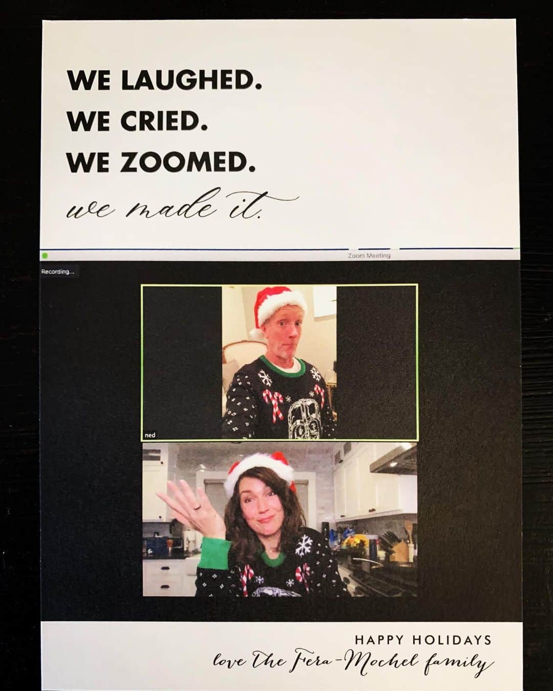 レスリー・フェラのインスタグラム：「Happy Holidays, y’all!! This year we bought our cards from @minted and chose this “We Made It” card designed by artist, Beth Schneider, from Illinois. Minted is unique in that they source creative content from a global community of independent artists. Minted has held art and design challenges monthly since April 2008. Very cool company!  . . . #christmastimeishere #happyholidays #happychristmas #happykwanzaa #supportindependentartists」