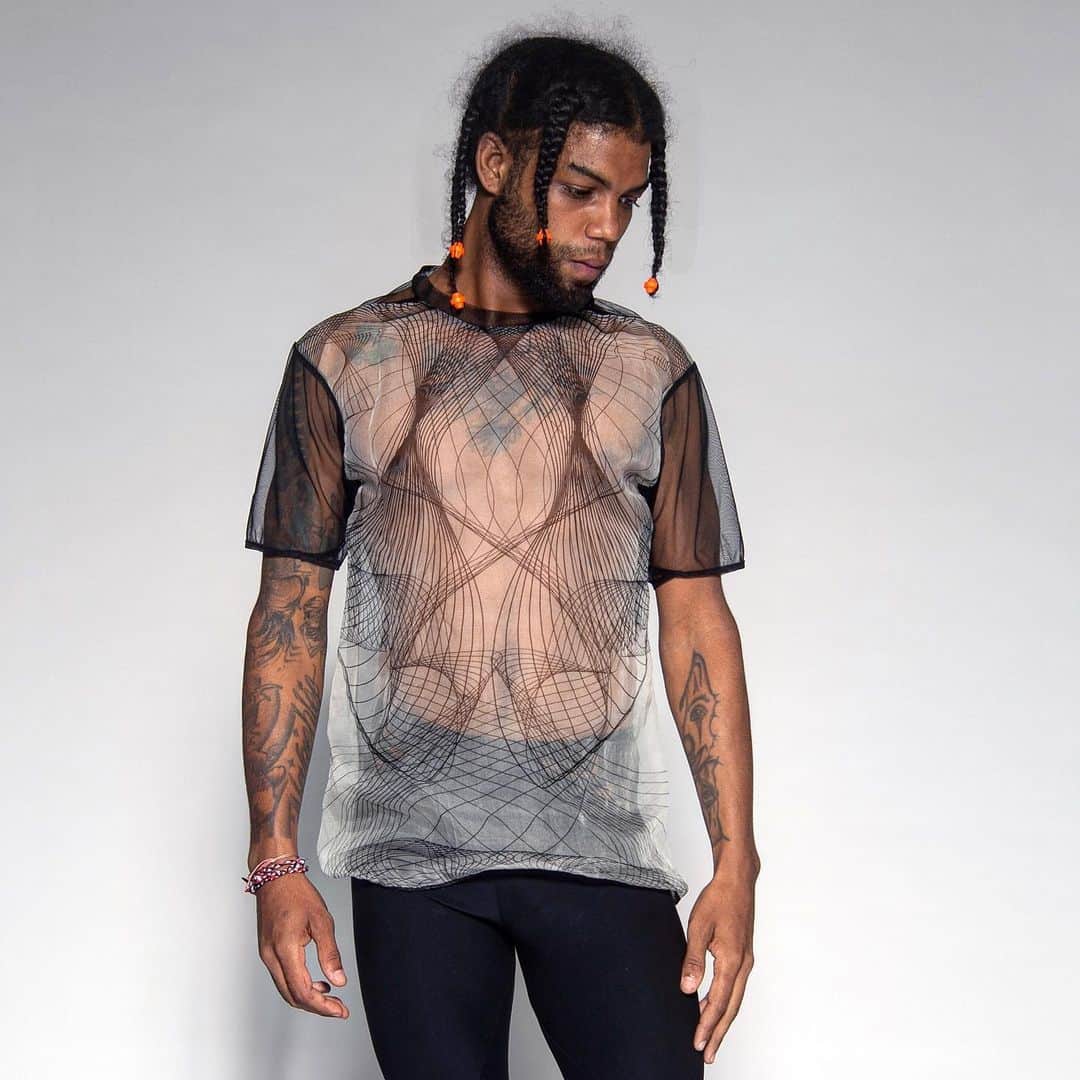 スリーアズフォーのインスタグラム：「“Not your Normal Sheer Shirt” on @piparaicing_02 is now available for pre order on our web shop! Print by @mimakiusa @mimakiusa_textile in collaboration with @brittshaked photographer @qqhuangg」
