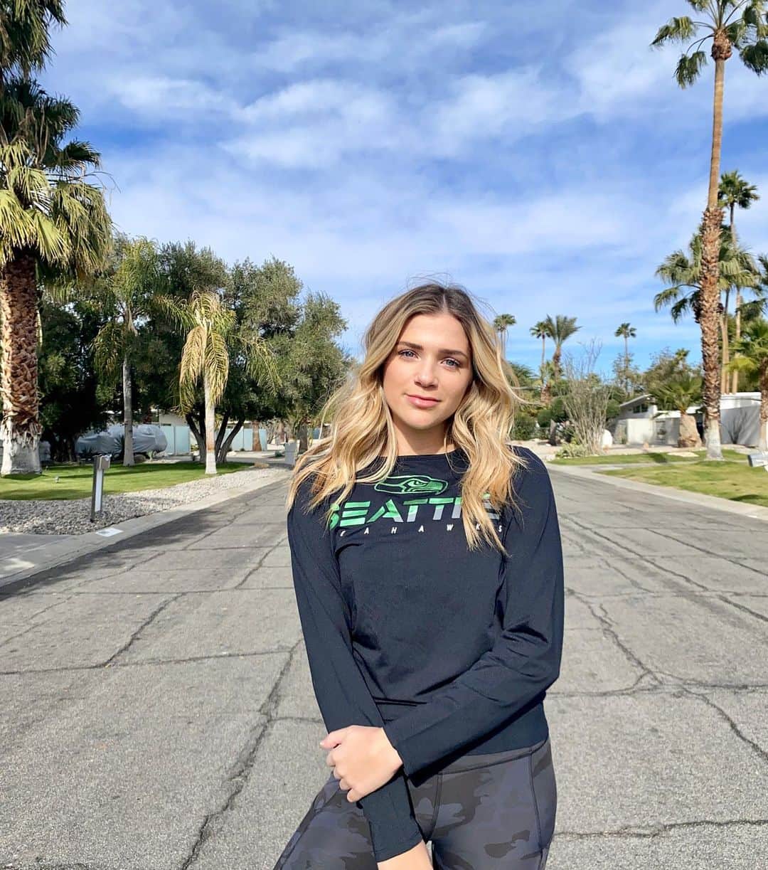Monica Churchのインスタグラム：「The holidays are looking a little bit different for me this year 🌴 But I’m still able to rep the @seahawks from 1,200 miles away in my @touchbyajm gear. So many cute styles in this collection! Check out my stories for more. #TeamTouch #Ad」
