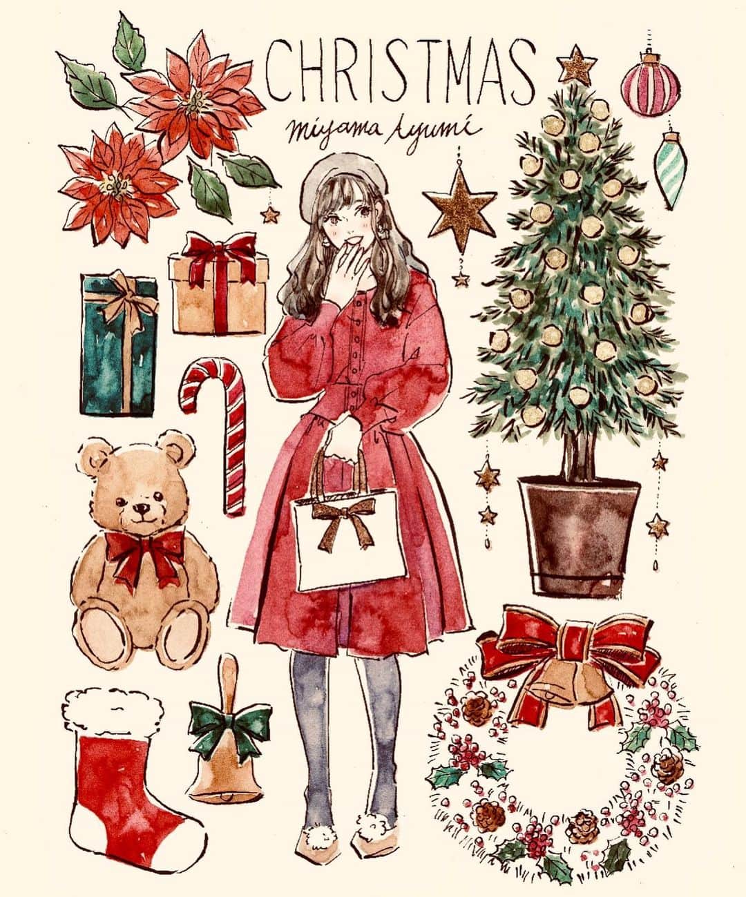 miya(ミヤマアユミ)さんのインスタグラム写真 - (miya(ミヤマアユミ)Instagram)「Merry Christmas 🎄🎁🧸  #artwork #watercolor #水彩 #art #illust #illustration #draw #illustrator #イラスト #イラストレーター #手描き #手書き #アナログ #アナログイラスト #ガールズイラスト #miyamaayumi #ファッション #fashion #ファッションイラスト #クリスマス #merrychristmas #christmas #メリークリスマス」12月25日 0時01分 - miya78pic