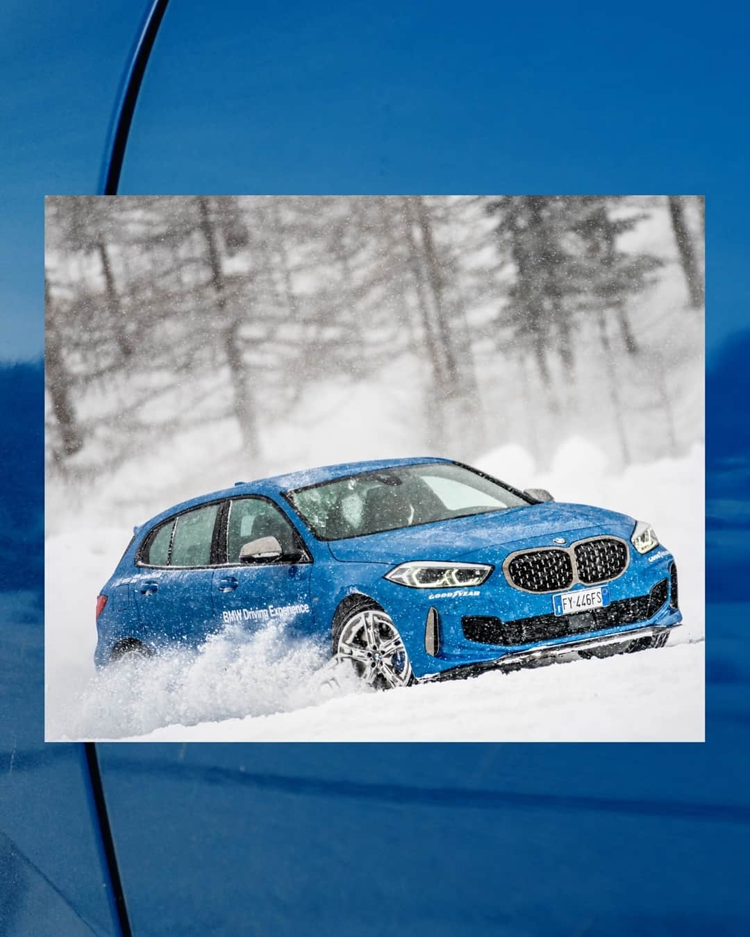 BMWのインスタグラム：「The first snow is like the first love. 🎄 ❄️ ⛄️ The BMW 1 Series. #THE1 #BMW #1series #winter #fun @BMWDrivingExperience __ BMW M135i xDrive: Fuel consumption in l/100 km (combined): 6.7–6.3. CO2 emissions in g/km (combined): 155–145. Further information: www.bmw.com/disclaimer.」
