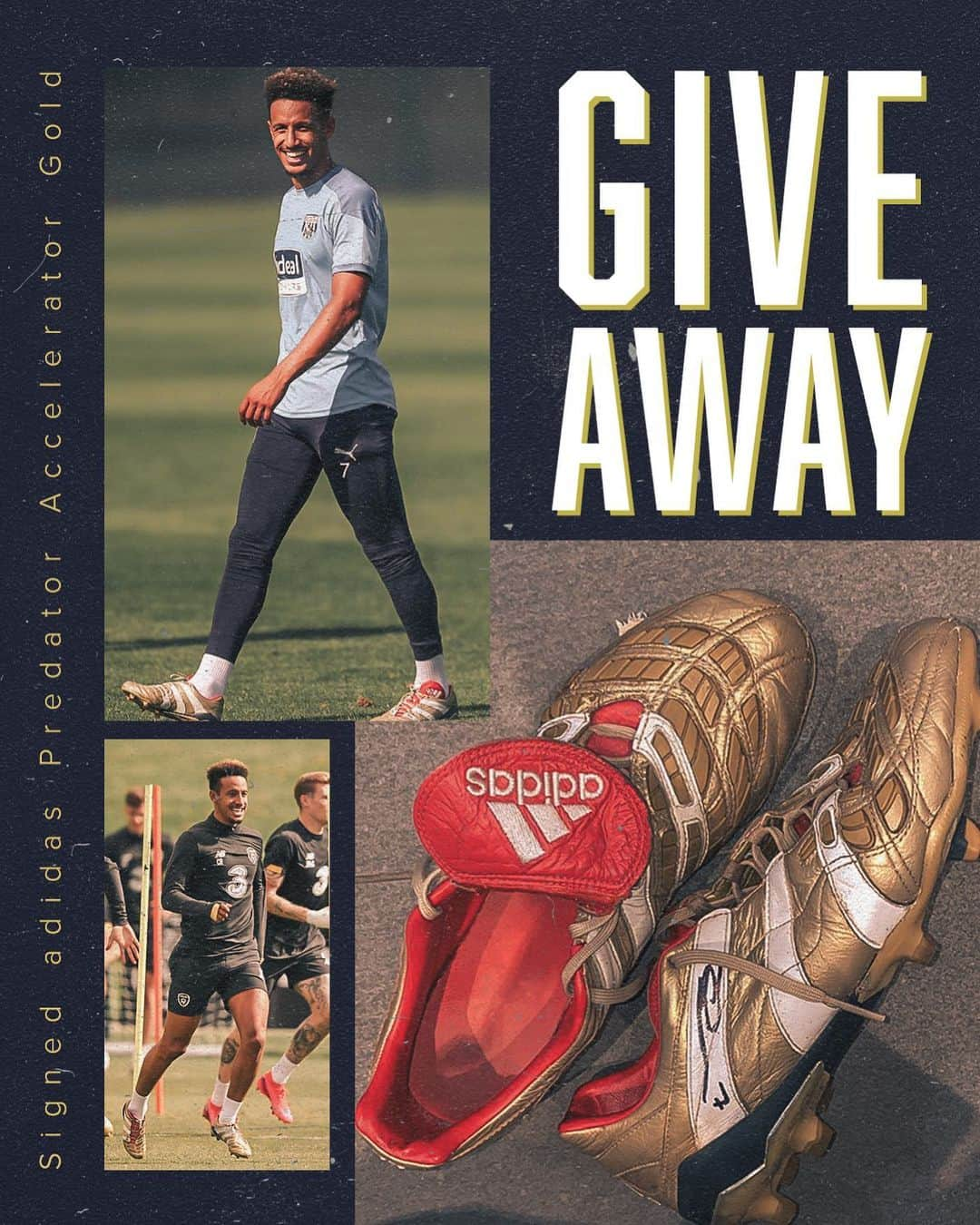 カラム・ロビンソンのインスタグラム：「It’s Christmas Eve🎄so I’m going to  GIVEAWAY my signed gold adidas predator accelerators!  To win them all you have to do is like this post and tag a mate (who can’t pull these off😆) in the comments below!  I’ll announce the winner in the comments next Thursday, New Years Eve. Good Luck 🤞🏽」