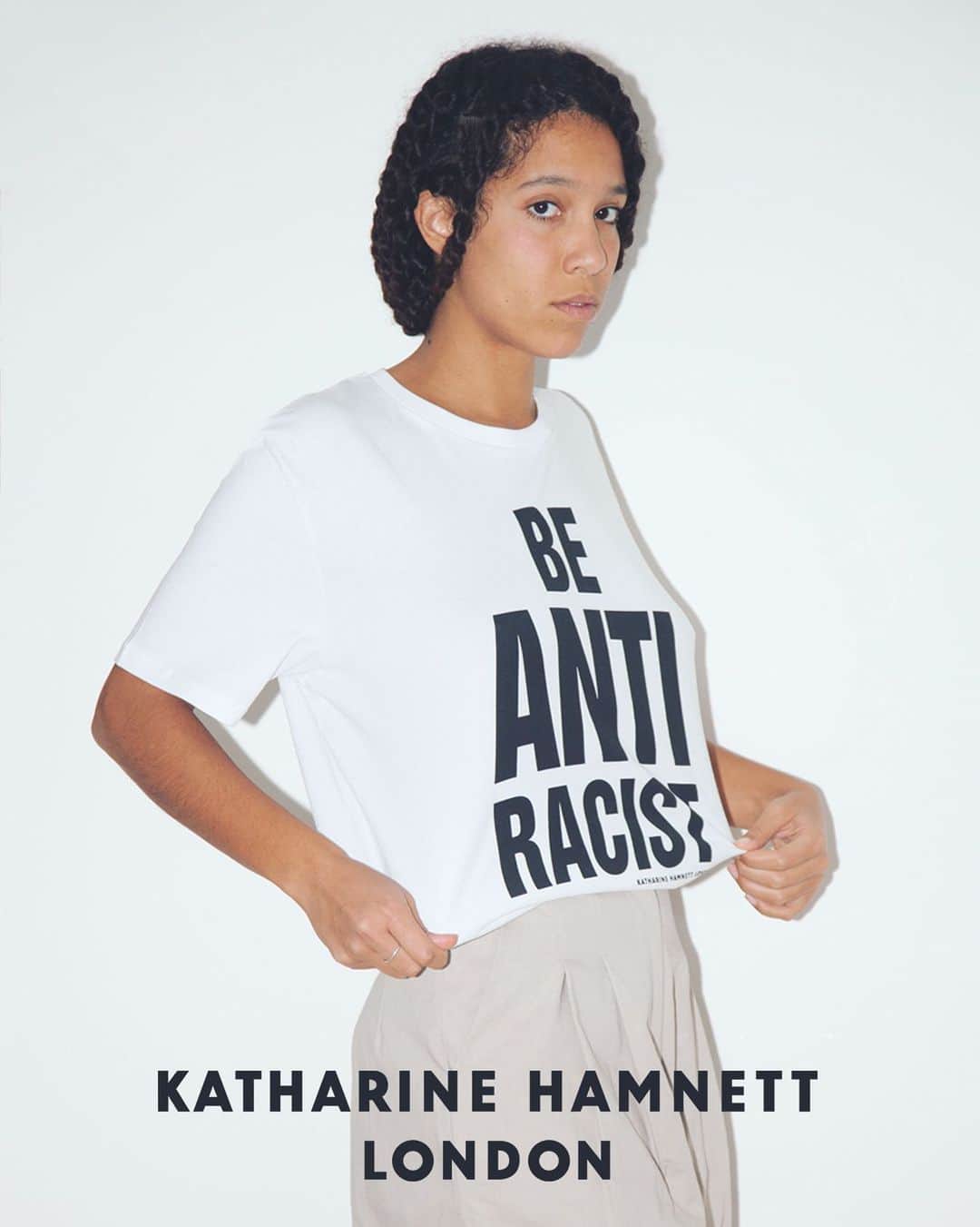 キャサリンハムネットのインスタグラム：「We need to be actively anti-racist. Question your own thoughts, assumptions and behaviour every day, and be brave enough to challenge your friends and family. Question your MP, ask them how they are helping fight racism in their communities and in government. 100% of profits to the Runnymede Trust – the UK’s leading race equality thinktank.」