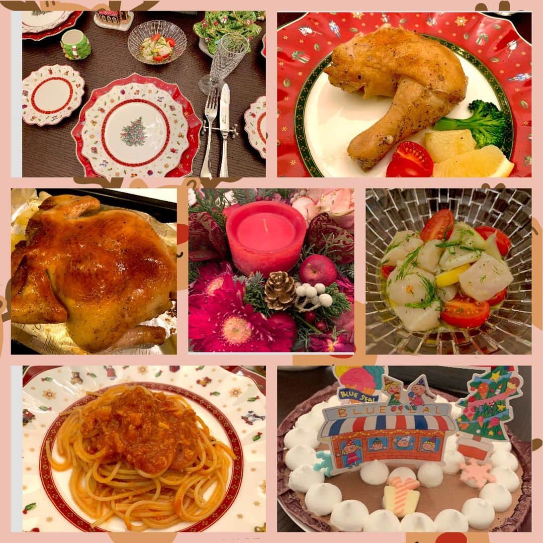 小倉優子さんのインスタグラム写真 - (小倉優子Instagram)「今日はクリスマスイヴでしたね🎄 今年のクリスマスイヴは、丸鷄を焼きました✨ 初めて焼きましたが、切るのが難しかったです❗️❗️ 一番綺麗に切れたのを写真に撮りました😊 他には、 かに缶とトマト缶で作ったパスタと ホタテとトマトとディルのマリネでした❣️ デザートは、沖縄の友人が送ってくれたブルーシールのアイスケーキでした💕（ブルーシールのアイス、美味しい❣️） もう一品作りたかったのですが、今日は断念しました👀 子供が三人いるとハプニングばかりです笑 賑やかな楽しいクリスマスイヴでした🌟」12月24日 23時12分 - ogura_yuko_0826