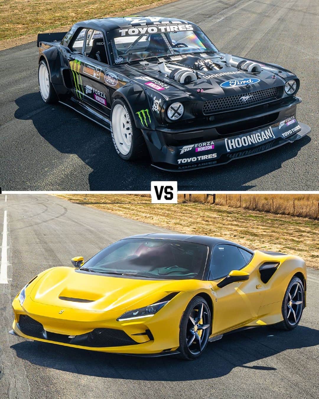 ケン・ブロックのインスタグラム：「Ford vs Ferrari. Old school versus new school. Can the tech-packed 2019 Ferrari F8 Tributo hang with the old school (well, sort of) American muscle of my Ford Mustang RTR Hoonicorn? Click the link in my bio to find out. #HoonicornVsTheWorld #FordvsFerarri #Hoonicorn」