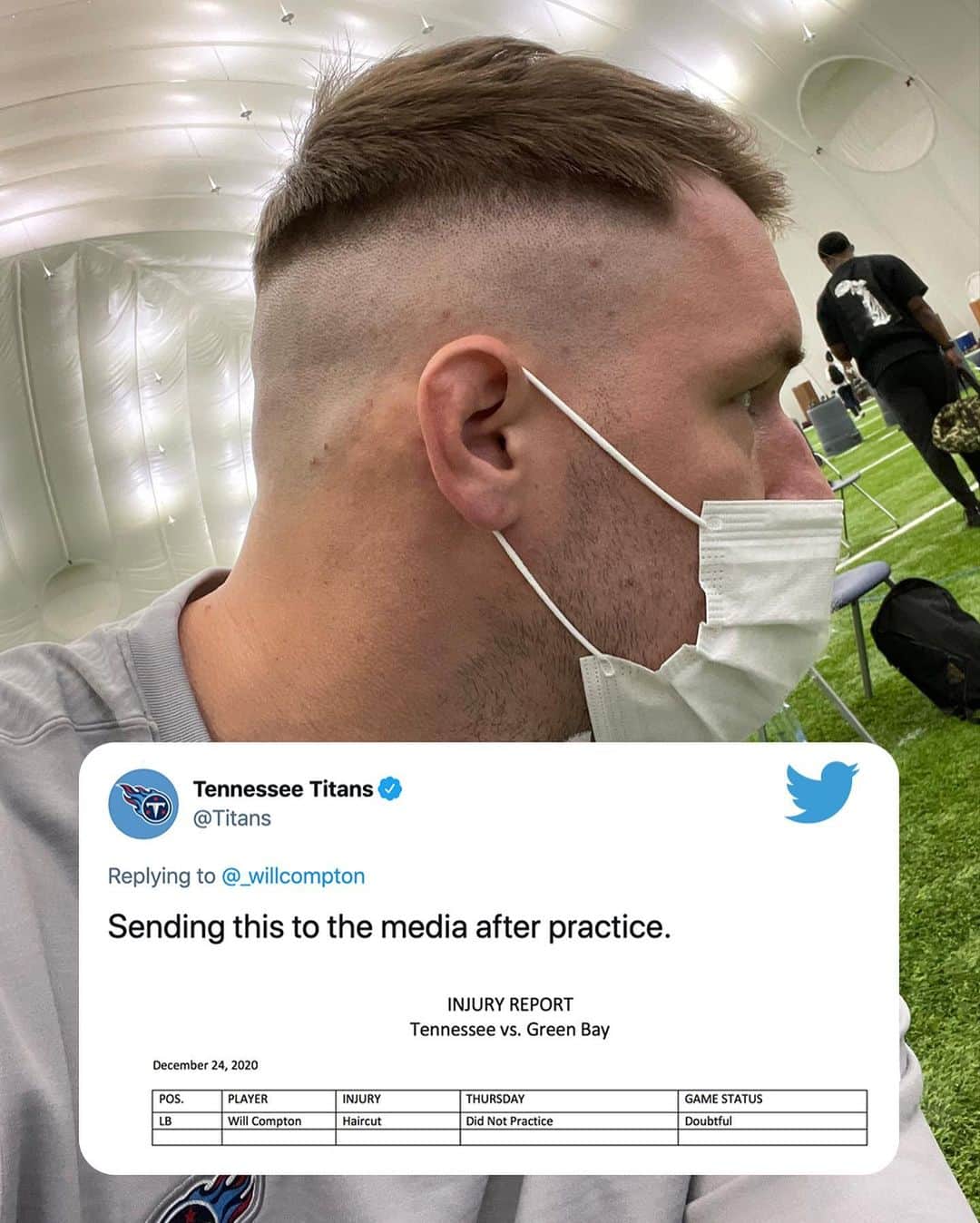 スポーツセンターさんのインスタグラム写真 - (スポーツセンターInstagram)「The Tennessee Titans added Will Compton’s haircut to the injury report. 💀🤣 (via @titans, @_willcompton)」12月25日 3時08分 - sportscenter