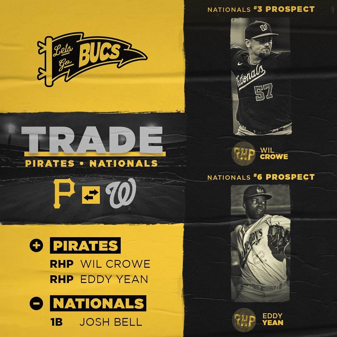ピッツバーグ・パイレーツのインスタグラム：「TRADE: We have acquired RHP Wil Crowe and RHP Eddy Yean from the Washington Nationals in exchange for 1B Josh Bell.」