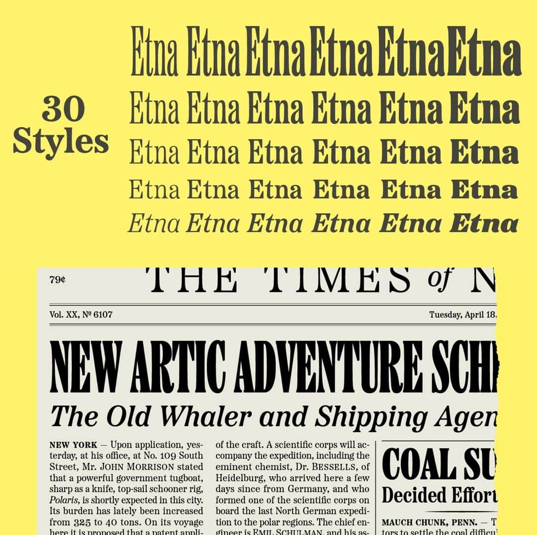myfontsさんのインスタグラム写真 - (myfontsInstagram)「Etna is the newest release from the great Mark Simonson, designer of Proxima Nova and so many other contemporary favorites; it takes Victorian and wood type roots and makes them modern and tremendously legible: https://bit.ly/3rt6zgG  #typography #design #booktype #etna #aetna #scotch #woodtype #letterpress #newspaper #type #fonts #newfonts #graphicdesign」12月25日 5時55分 - myfonts