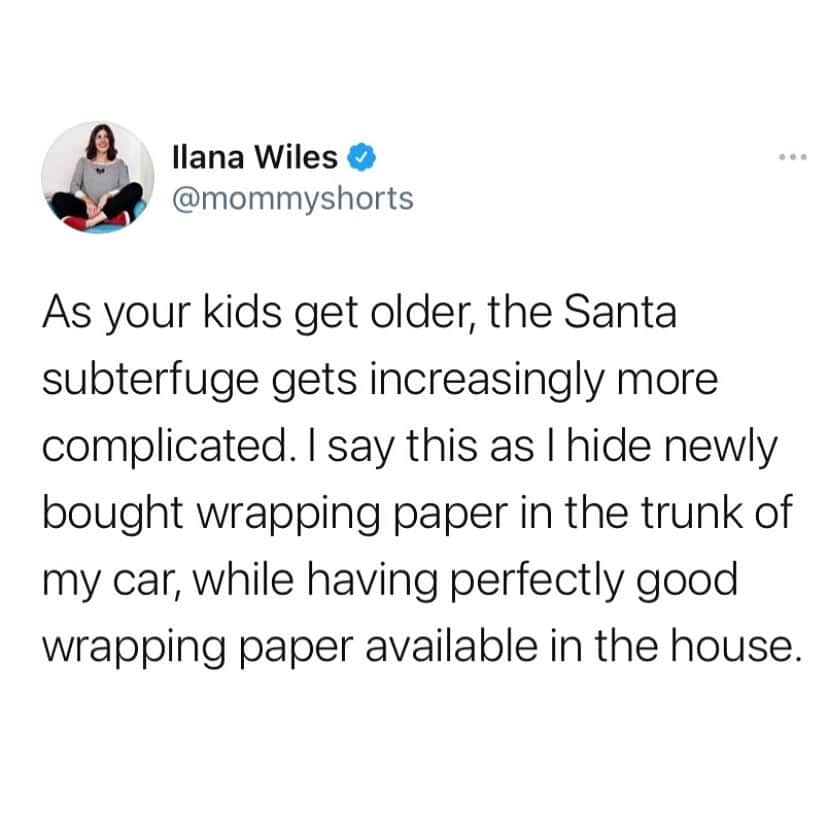Average Parent Problemsのインスタグラム：「If your kids are little, I highly recommend giving your Santa gifts unwrapped or establishing a tradition where you leave the wrapping paper out for Santa to use! You can’t switch this up later and you will want to! Follow me over on @mommyshorts.」