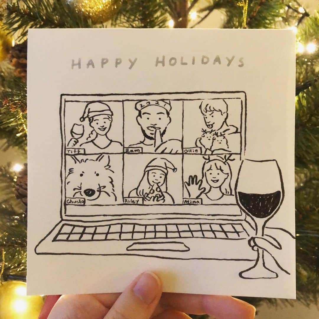 Apricots Artのインスタグラム：「season’s greetings  毎年の恒例行事、 カナダへのクリスマスカード📮 (まだ送れてない)  みなさまよいクリスマスを🍷  Illusted by Mina  #quarantinechristmas #apricotsart」