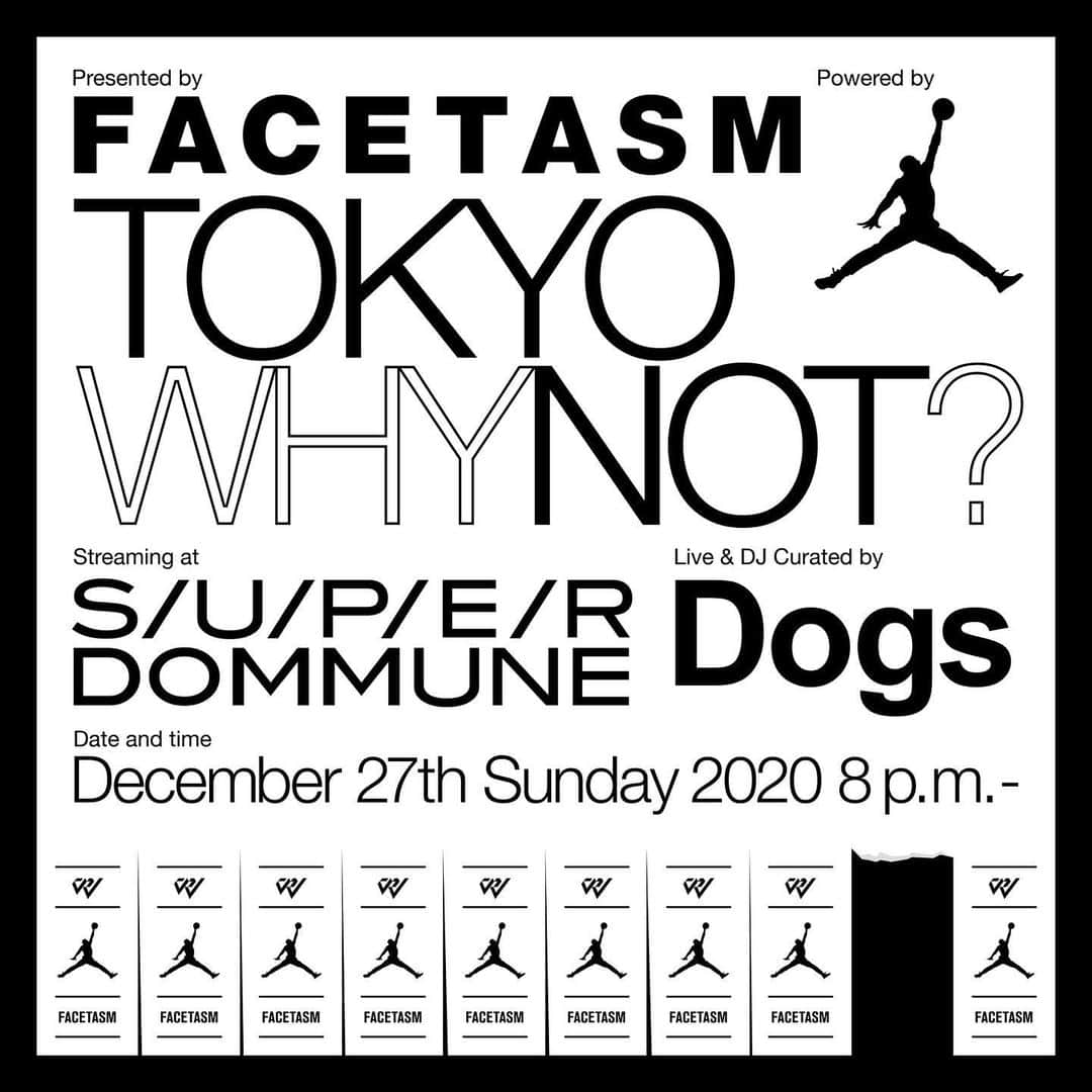 ファセッタズムさんのインスタグラム写真 - (ファセッタズムInstagram)「Presents by FACETASM "TOKYO WHY NOT?" powered by JORDAN BRAND 12/27の日曜日にJordan BrandとFacetasmとラッセル・ウエストブルックとのトリプルネームコレクションの発売を記念してデジタルセッション“TOKYO WHY NOT?”をDommuneにて開催します。 今回のコレクションを通してファッションやバスケやカルチャーについて各分野のスペシャリスト達の多角的なトークセッションの他に、放送終盤にはDogsのキュレーションによるライブもあります。  @russwest44  x @facetasmtokyo  x @jumpman23   #facetasm #facetasmtokyo #russelwestbrook #jumpman #whynotzero4 #jordanapparel」12月25日 16時15分 - facetasmtokyo