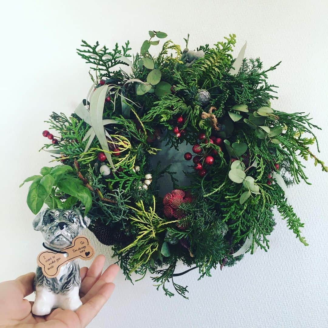 今村沙緒里のインスタグラム：「✨Merry Christmas🌲✨ 母へ作ってもらったリース！ 森っぽくて、かわいい。 ちびハルオさんと。 素敵なクリスマスを〜❤︎ Have a happy time⛄️ #christmas #nature #wreath #크리스마스 #クリスマス #プレゼント #ゆりちゃんありがとう」