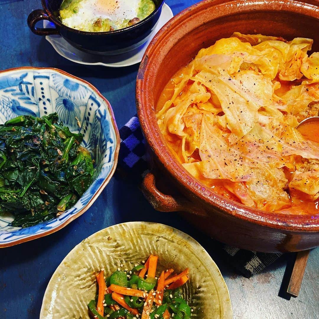 井上荒野のインスタグラム：「お肉が見えませんが、土鍋の中はクロワッサンに載ってた「巻かないロールキャベツ」。簡単でおいしかった！冷凍庫にチビチビ残ってた肉をフードプロセッサで挽肉にして使い切ったので達成感あり。」