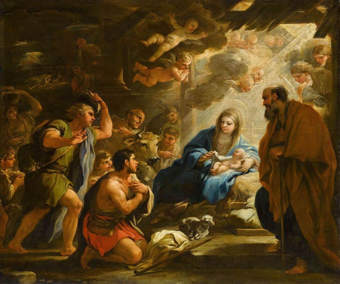 ルーブル美術館のインスタグラム：「. 🇫🇷 Le musée du Louvre vous souhaite un joyeux Noël et de belles fêtes de fin d'année ! 🎄🌟 - 🎨 Cette Adoration des bergers peinte par Luca Giordano vers 1688 provient vraisemblablement d'une série de dix-sept Scènes de la vie de la Vierge inventoriées au XVIIIe siècle dans la chambre de la reine, au palais royal de Madrid. - 🎁 La Vierge Marie porte l’enfant dans ses bras tandis que Saint Joseph se tient debout, légèrement en retrait. Un groupe de chérubins apparaît dans un rayon lumineux qui illumine la Sainte Famille. Une foule s’approche par la gauche pour adorer Jésus avec des présents. - - - - 🌍 The Louvre wishes you a merry Christmas and happy holidays! 🎄🌟 - 🖼 This Adoration of the Shepherds painted by Luca Giordano circa 1688 is probably one of a series of seventeen Scenes from the Life of the Virgin listed in an 18th-century inventory of the queen’s chamber in the royal palace in Madrid. - 🎁 The Virgin Mary is holding the Infant Jesus in her arms, while Joseph is shown standing to one side. A number of cherubim hover in a ray of light which shines on the Holy Family. A group is approaching from the left, coming to worship the Infant Jesus and bringing gifts. - 📷 © RMN - Grand Palais (Musée du Louvre) / Stéphane Maréchalle . . . #Louvre #MuséeDuLouvre」