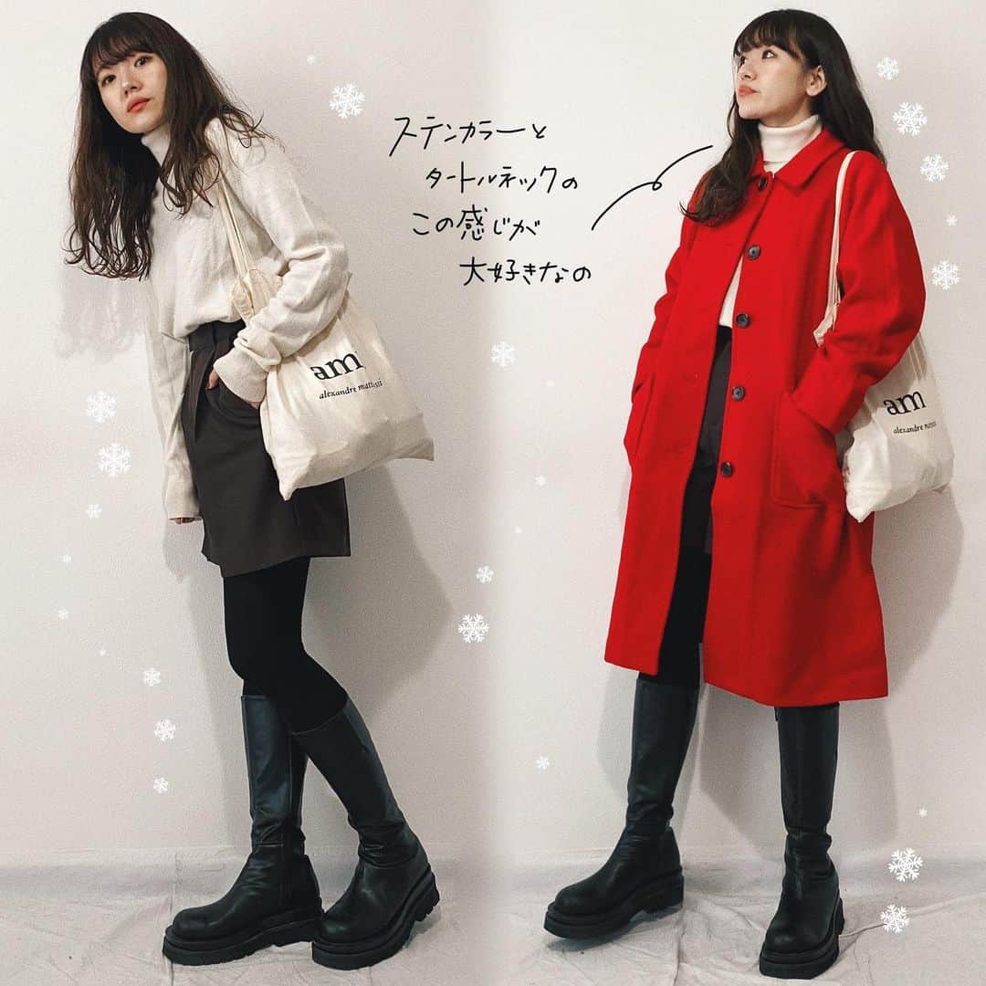 かほこ。さんのインスタグラム写真 - (かほこ。Instagram)「ㅤㅤㅤㅤㅤㅤㅤㅤㅤㅤㅤㅤㅤ ㅤㅤㅤㅤㅤㅤㅤㅤㅤㅤㅤㅤㅤ outer : #anotheredition knit : #uniqlo pants : #iami bag : #ami boots : #kaleno ㅤㅤㅤㅤㅤㅤㅤㅤㅤㅤㅤㅤㅤ クリスマスなので赤いコートを❤️何年か前に購入した、今はもうないブランドのもの😢赤でもステンカラーでカジュアルに着れるところが好き！ ㅤㅤㅤㅤㅤㅤㅤㅤㅤㅤㅤㅤㅤ あれ、こんなにコートの丈短かったっけ…？となったので、ロングブーツを合わせました🥰 ㅤㅤㅤㅤㅤㅤㅤㅤㅤㅤㅤㅤㅤ #kaho_fashion」12月25日 21時20分 - xxokohakxx