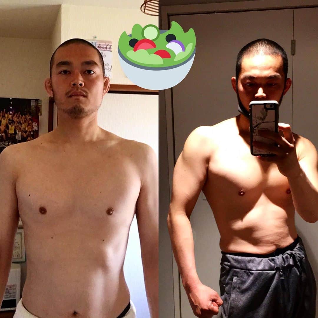 福田洋のインスタグラム：「Almost vegan diet..🥗  大豆と果物野菜ばっか食べててもまあそれなりになりますよアピール🥑  #陰影盛り #左側極限にやらなすぎ #ゆるベジ  #vegetarian  #wrestler #vegetarianwrestler #freeletics #freeathletes」