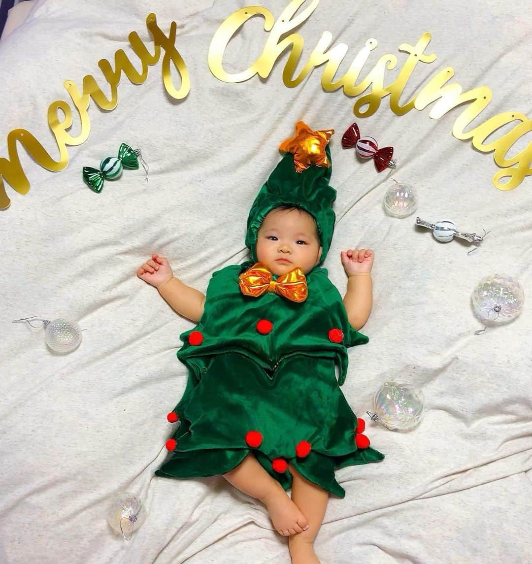 miniさんのインスタグラム写真 - (miniInstagram)「皆、素敵なクリスマスを🎄💛❤️💚 HAPPY HOLIDAY👶🏽🎅🏽🎁💓💜 #merrychristmas #xmas #baby #christmastree #christmastreebaby #ベビー #生後6ヶ月 #ベビークリスマス #ベビークリスマスツリー #なんたってあっさり顔なため被り物が似合う #もう被り物慣れしてきてる #あぁまた被り物ね被ればいいのねって」12月25日 22時00分 - mini.stagram