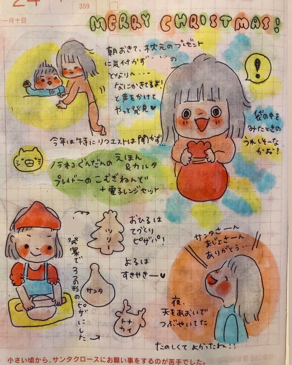 misaのインスタグラム：「#ほぼ日 #ほぼ日手帳  #ほぼ日絵日記 #絵日記 #育児日記 #育児絵日記 #hobonichi  #イラスト #illust #クリーンカラー#4歳#クリスマス#クリスマスプレゼント #ノラネコぐんだん #プレイドー」