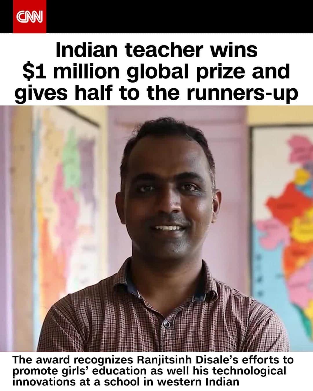 CNNさんのインスタグラム写真 - (CNNInstagram)「Indian teacher Ranjitsinh Disale won the 2020 Global Teacher Prize and vowed to give half of the $1 million prize money to the runners-up. The award, which is run by the Varkey Foundation in partnership with UNESCO, recognized Disale’s efforts to promote girls' education at his school in Paritewadi, a village in western Indian. Disale learned the local language in order to translate textbooks and created unique QR codes to give students access to audio poems, video lectures, stories and assignments. The changes greatly improved school attendance. “If I share the prize money with the rest of the teachers they will get a chance to continue their work... and we can reach out and lighten the lives of as many students as we can," Disale said. (📸:Global Teacher Prize)」12月26日 0時02分 - cnn