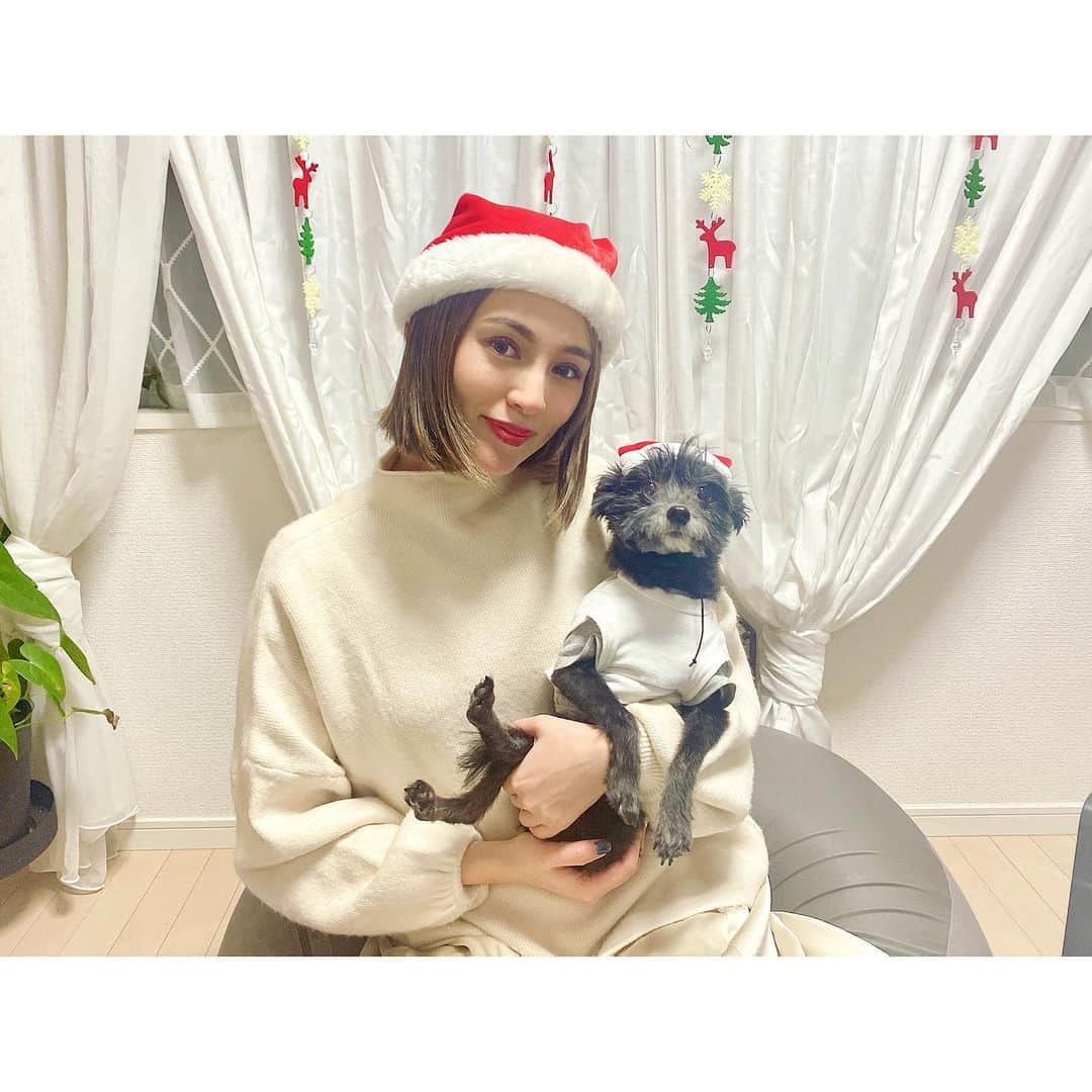 渡辺知夏子のインスタグラム：「💕🎁🎄 MerryX'mas 🎄🎁💕 でした❤ お家でサラダやらクリスマスのローストチキンやらケンタッキー食べました✨ . ピエール・エルメのケーキはバニラ味でめっちゃ美味しかったぁぁ😋 バニラ味大好き💛 もずちゃんチビサンタは、大好きなお友達が来てテンション上がって、変なタイミングでお漏らししてやらかしましたぁ🤣 遊びに行くとゆうこと聞かなくなって調子乗っちゃうタイプの子供と同じ感じになります🤔www . もう今年終わり間近だぁぁーーー🎍 . #merrychristmas  #サンタ #ちびサンタ🎅」