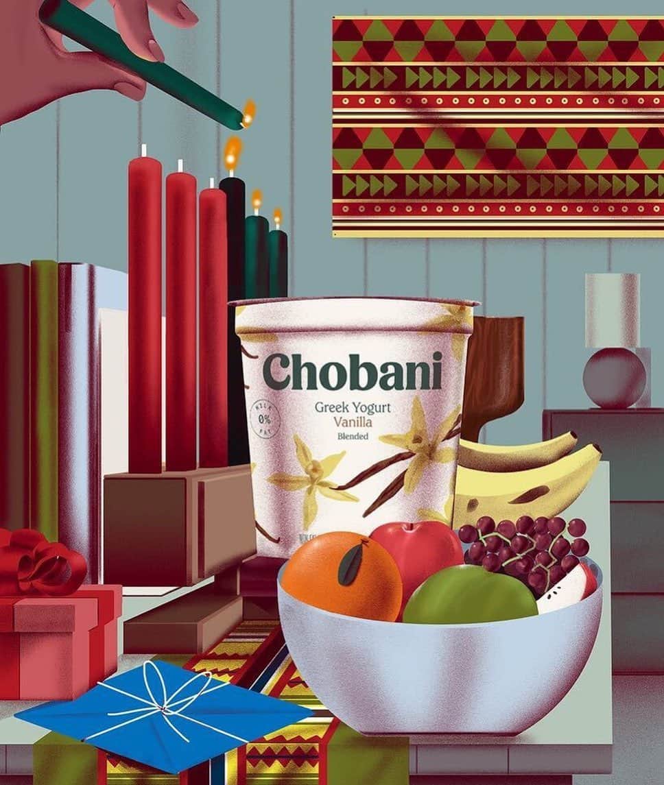 Chobaniのインスタグラム：「A heritage to celebrate; a future filled with peace, love, and unity  ❤️🖤💚 Wishing you warmth and happiness this #Kwanzaa 🎨: @richchane」