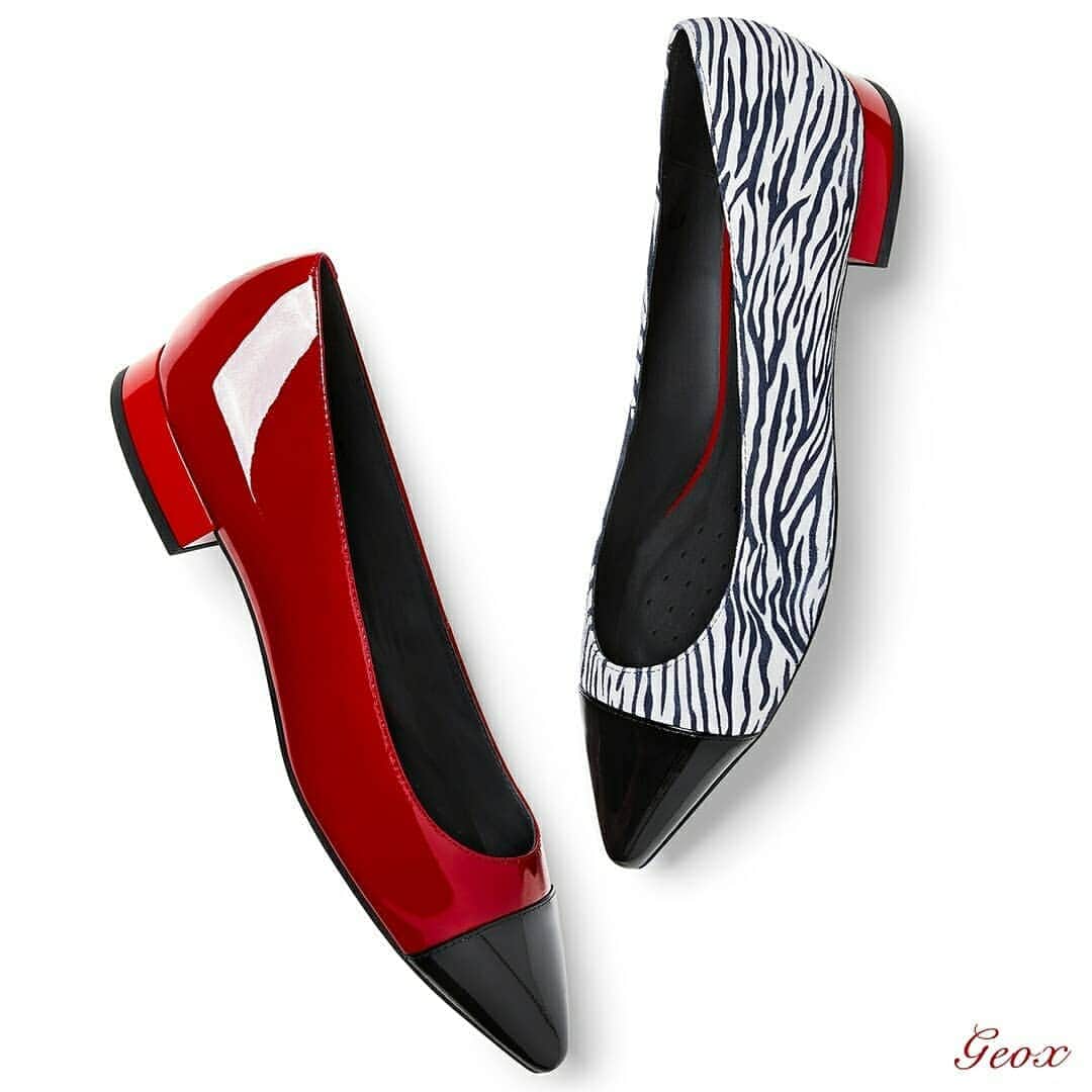 ジェオックスのインスタグラム：「After days walking on high-heeled shoes, we can finally breathe with our comfy - but still glam - ballerina shoes. Animalier Queen or Sophisticated Red? Choose yours!」