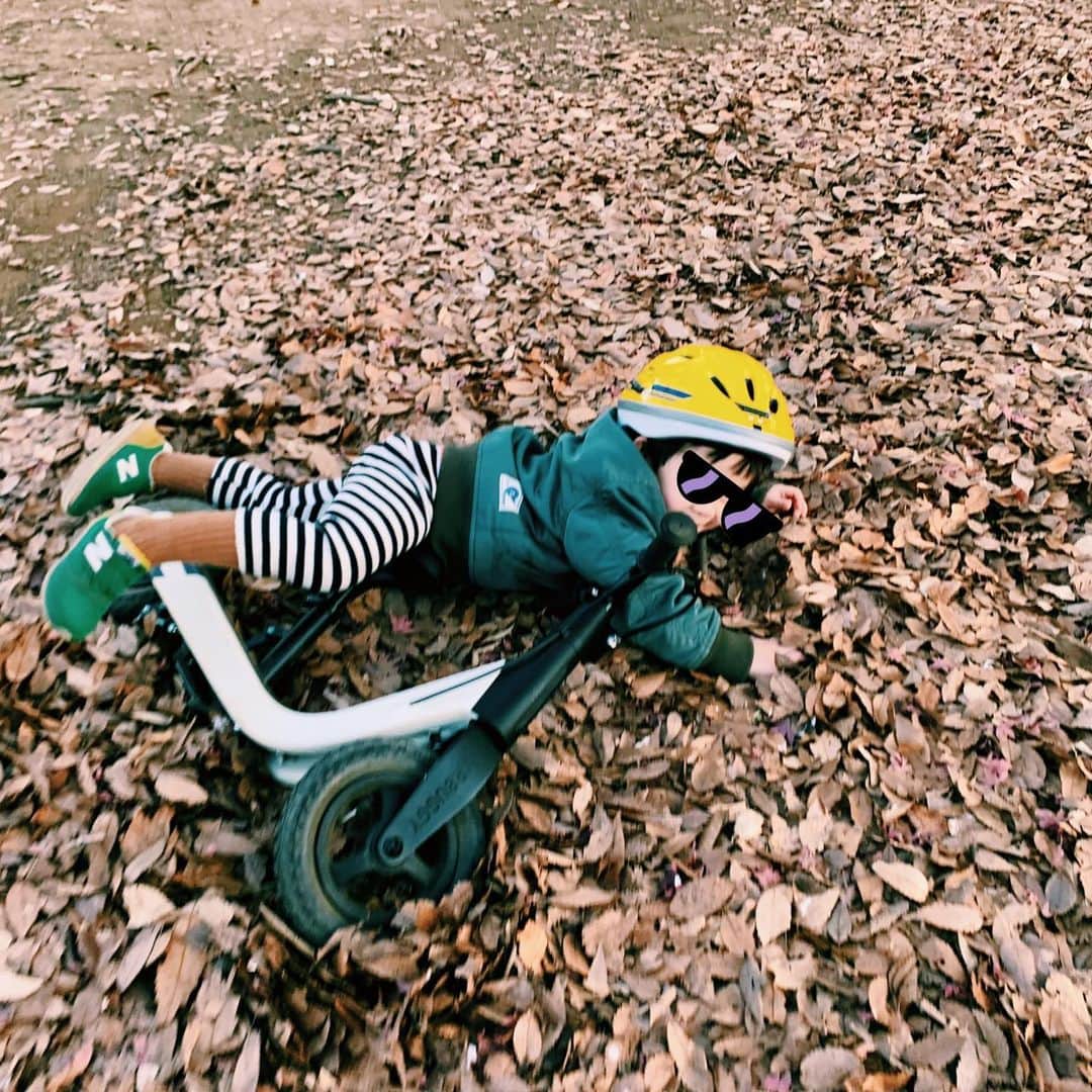 安田美沙子さんのインスタグラム写真 - (安田美沙子Instagram)「今日は丸一日ワンオペなので、そんな時は体力を使い切ってもらうために公園へ。。。 自転車で走り回ったり (もはや私はバギーラン)葉っぱの山を作ったり、鬼ごっこしたり、鳥さん探したり。。 . . 自転車でどんどん行っちゃうし、ストップ！と叫んでも止まらないので、「ママ先に帰るねー」「やだーうわーん」の繰り返し。笑 . . . 最大のミスは、パンツなのにオムツと着替えを忘れたこと。コンビニはしごして、結局薬局でオムツをゲットしたけど、濡れてしまい。。すまぬ、息子よ。 美しい景色に沢山会えて良かった🌈 . . #winter #park #nature #bike #boys #brothers #mama #doctoryellow  #coat @elendeek  #体力を使い切るのに成功」12月26日 18時45分 - yasuda_misako