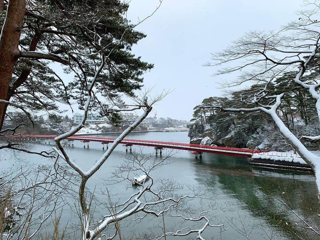 峰麻美さんのインスタグラム写真 - (峰麻美Instagram)「雪の松島をおすそ分け💁‍♀️  松島に行く計画を立てた2ヶ月くらい前に、ふざけて『雪が降ったらいい感じだよね❄️』なんて言ってたら、まさかの大寒波のタイミングと重なって超雪景色が堪能できました🤣  雪がチラつくレベルのを期待してたんだけど、期待を遥かに超えてきた！笑  銀世界が本当に美しくて、時々出る晴れ間がさらにキラキラ感を演出してくれて、今まで何回か来てる所なのに異世界のようでした✨  Jリーグのシーズン中にここまで雪が降ることはあまりないので、アウェイサポさんの遠征ではがっつり雪景色の松島はなかなか見れないかも！  良い時に行けました😚  #trip #travel #japan #miyagi  #matsushima  #snowday  #日本三景 #松島 #福浦橋 #日本最高」12月26日 19時08分 - asaaaaami.0702