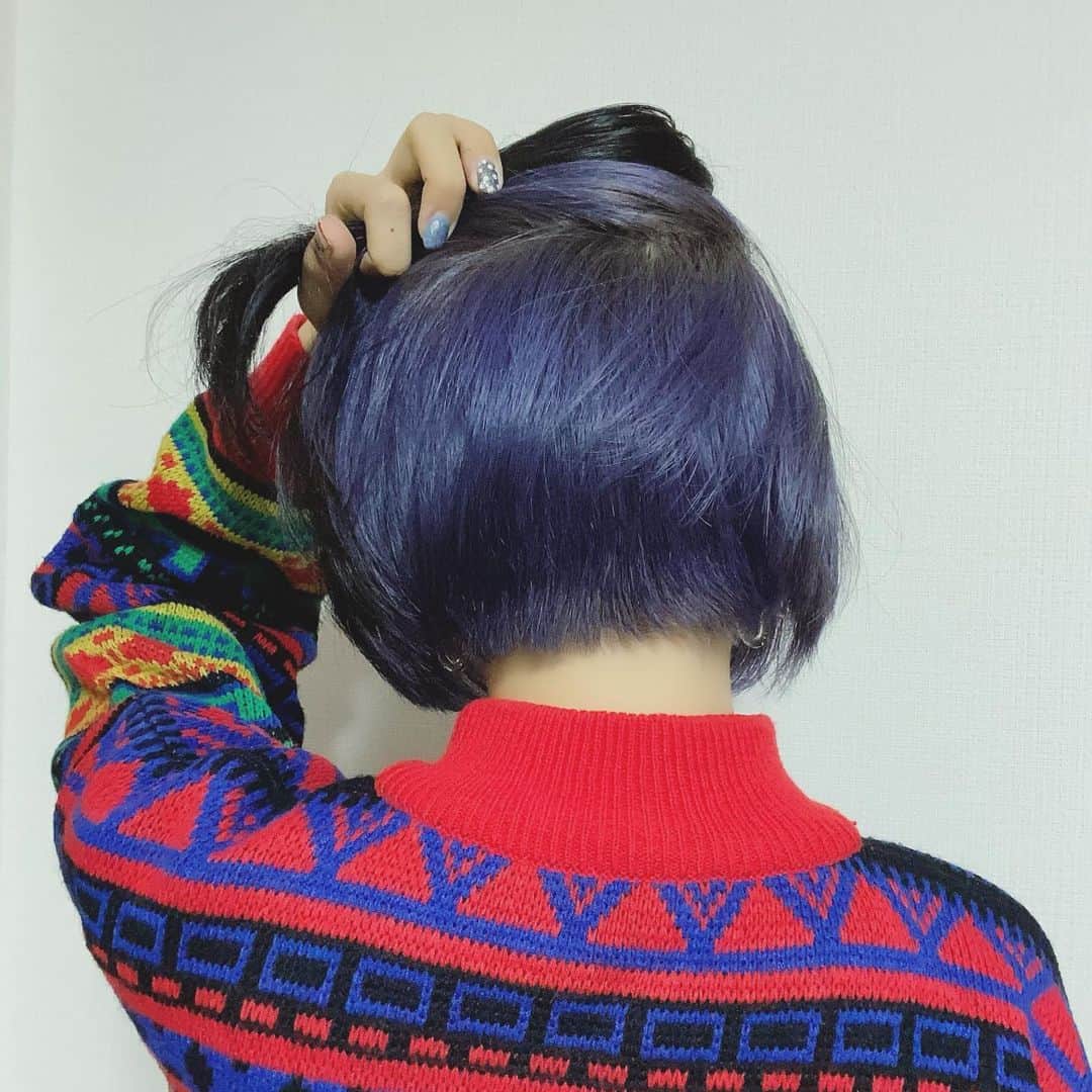 秋山衣梨佳さんのインスタグラム写真 - (秋山衣梨佳Instagram)「✨👩✨  New haircolor❤︎   完全に#ブルーパープル にはまった🍇 インナーブリーチ&カラー。 インナー以外黒染め。  急な前下がりになるように 後ろはかなり短め。  #hair#hairstyle#ちゃりhair#派手髪#インナーカラー」12月26日 20時11分 - akiyamaerika