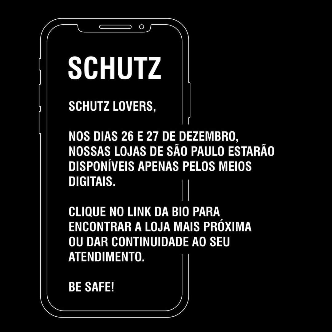 Schutzのインスタグラム：「HELLO SCHUTZ LOVERS,   Nos dias 26 e 27 de Dezembro, nossas lojas de São Paulo estarão disponíveis apenas meios digitais.   Click no link da Bio para encontrar a loja mais próxima ou dar continuidade ao seu atendimento. Be Safe! Happy Holidays! ❤️🎁🎄」