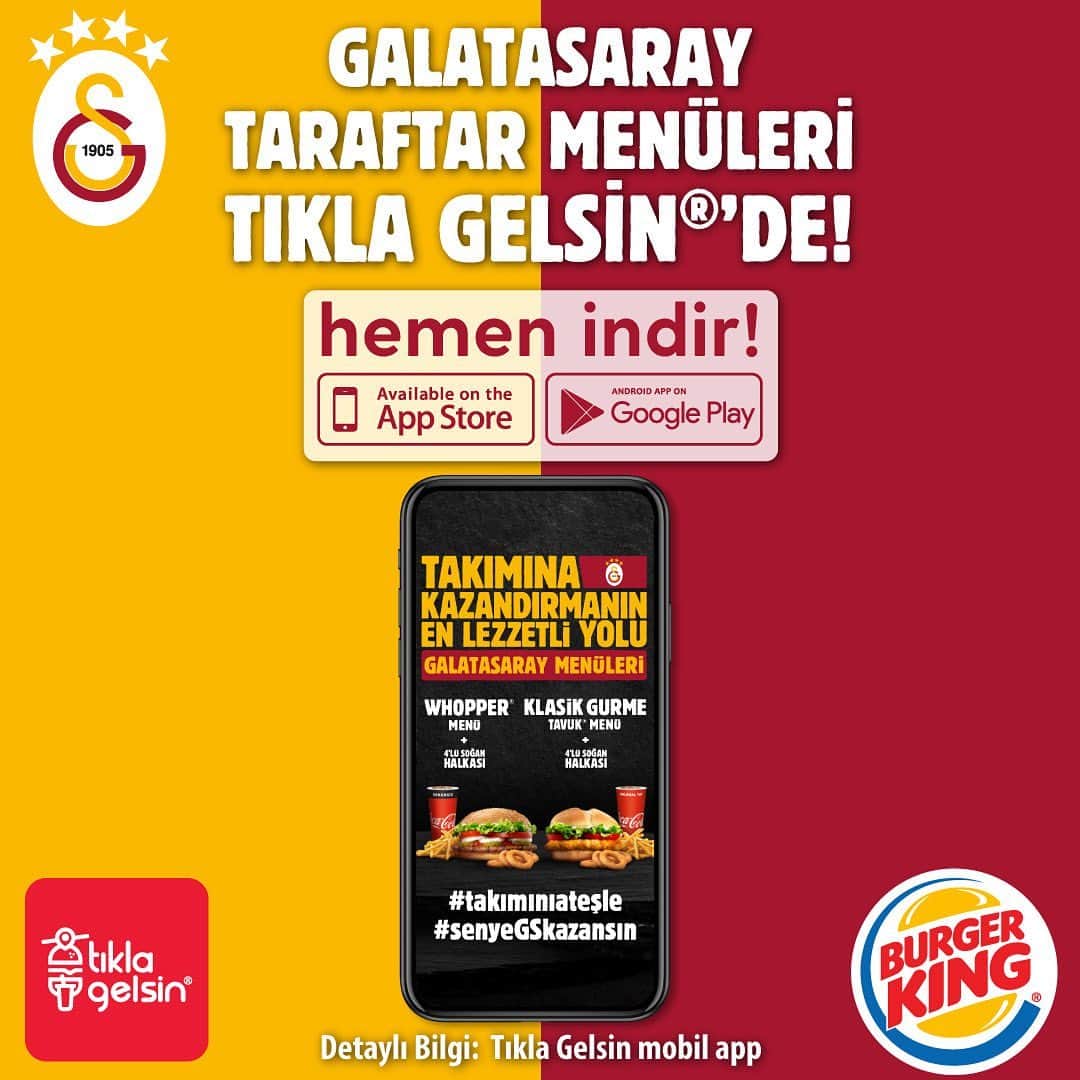 ガラタサライSKさんのインスタグラム写真 - (ガラタサライSKInstagram)「Burger King®’in ateşiyle aslan kükremeye, taraftar desteğe hazır! Hemen yenilenen Tıkla Gelsin® mobil uygulamasını indir, Burger King®’den Galatasaray Taraftar Menüsü siparişini ver, sen ye takımın kazansın!  👉 cutt.ly/Ph2icUS」12月26日 22時16分 - galatasaray