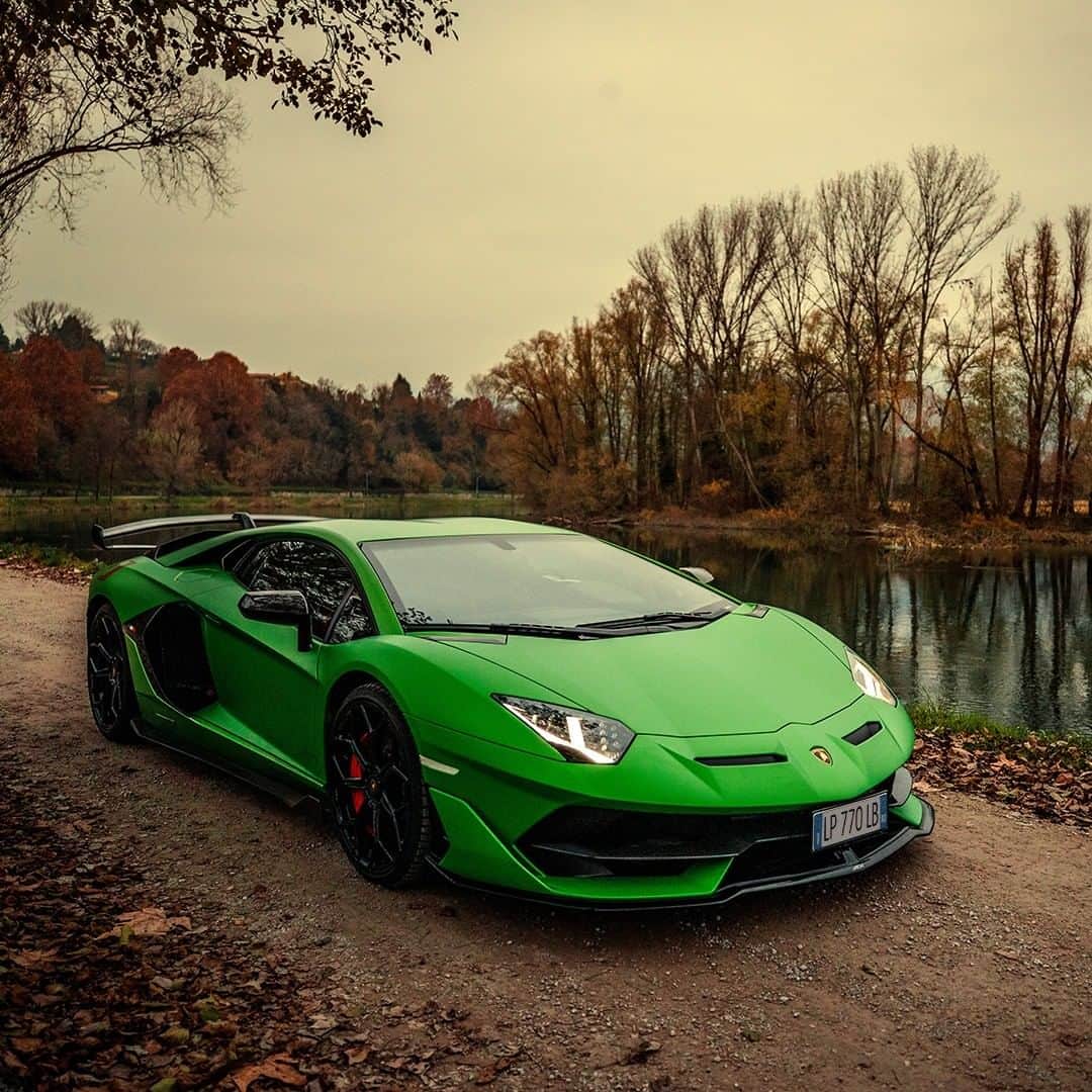 ランボルギーニのインスタグラム：「The best way to make Aventador SVJ’s style shine is to have it surrounded by fascinating natural shades.  But the question is: which color is it, Verde Alceo or Verde Mantis?  #Lamborghini #AventadorSVJ #GuessTheColor」