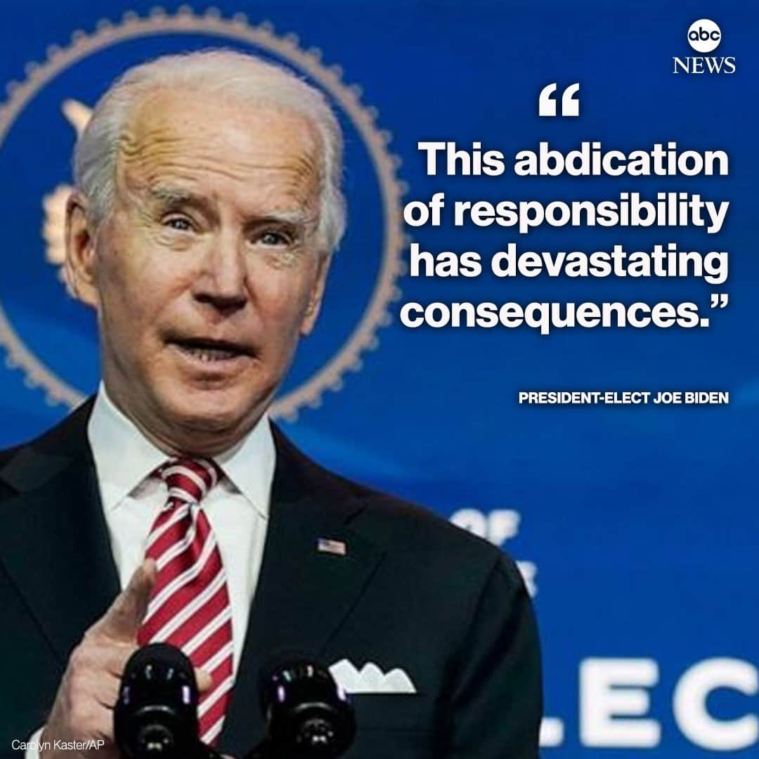 ABC Newsさんのインスタグラム写真 - (ABC NewsInstagram)「President-elect Joe Biden released a statement on Saturday ramping up the pressure on Pres. Trump to sign the COVID-19 relief bill passed by Congress, saying, the “abdication of responsibility” by the president has “devastating consequences” for Americans. MORE AT LINK IN BIO.」12月27日 6時35分 - abcnews