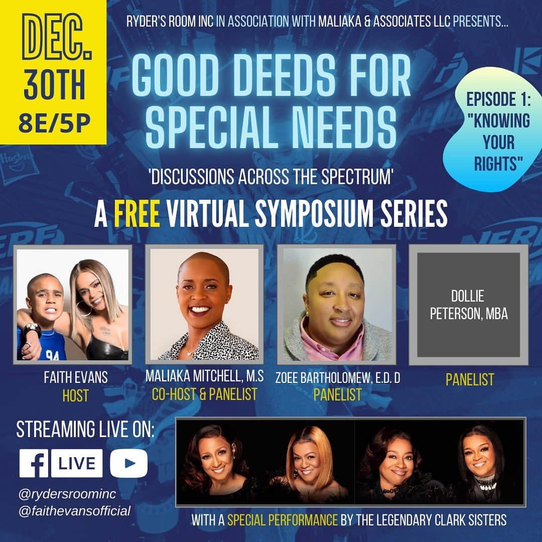 ミミ・ファウストのインスタグラム：「Hi guys @therealfaithevans is kicking off a FREE virtual symposium series Wednesday December 30th 8pm EST/5pm PST Streaming live on @rydersroominc @faithevansofficial YouTube & Facebook pages! #inclusionmatters  TAG A PARENT BELOW!」