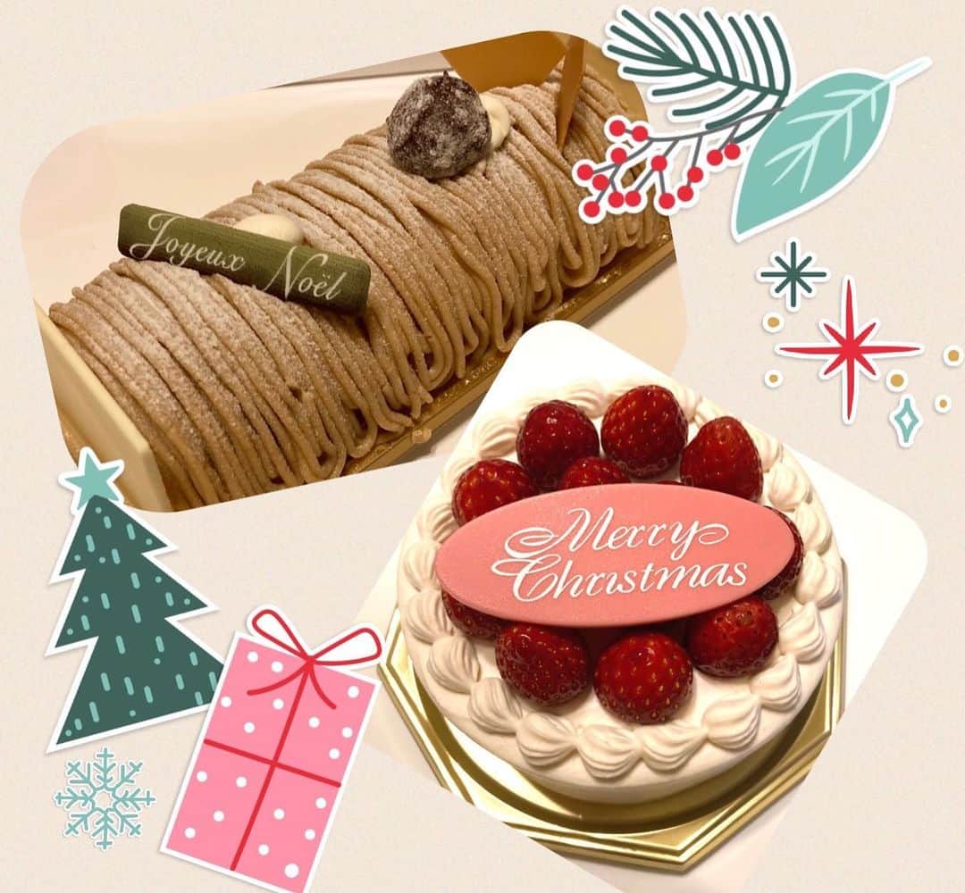 藤原ゆかのインスタグラム：「クリスマスはケーキ２種類堪能しました🧁🍰😋🎁#frenchpoundhouse   毎年のことながら仕事納めもなくひたすら描き続ける年末年始です。描きたいものやりたいこといっぱいあるのに身体が足りない。。」