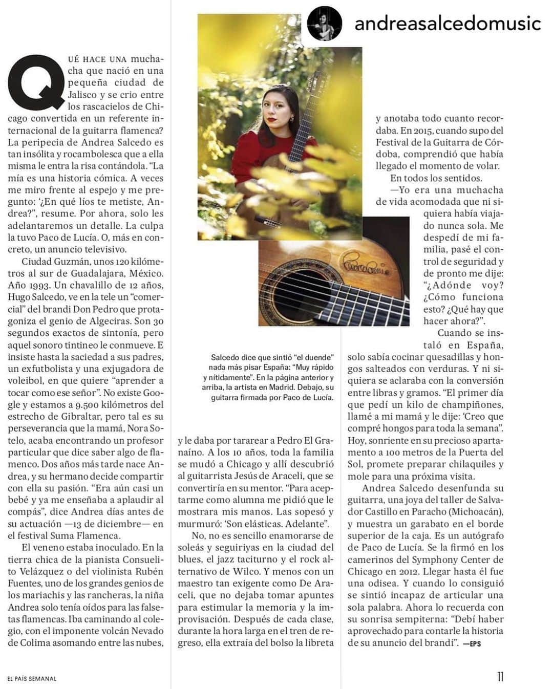 DeFlamenco.comのインスタグラム：「Ole por Andrea Salcedo, una maravilla de guitarrista  ⬇️⬇️⬇️⬇️  Posted @withregram • @andreasalcedomusic Hoy salió mi entrevista en el @elpaissemanal 🌟❤️ no saben lo mucho que me ilusiona. En la entrevista hablamos de mi cuidad natal y de cómo es que vivo esta bendita locura flamenca. Les dejo el enlace por si quiere leerla!   Muchas gracias a @leticiagvilamea por todo, a Fernando Neira por la entrevista, a Francis Tsang por las fotos, a la suma flamenca y a Don Antonio Benamargo por todo. También al sr. del “Kiosko solo” que me pidió mi autógrafo 🤗  Un abrazo fuerte a todos y feliz último domingo del 2020 ❤️🌟  #elpais #elpaissemanal #flamenco #andreasalcedo #demadridalcielo #yoseñoressoydezapotlan #mujeresguitarristas #mexicanosenespaña」