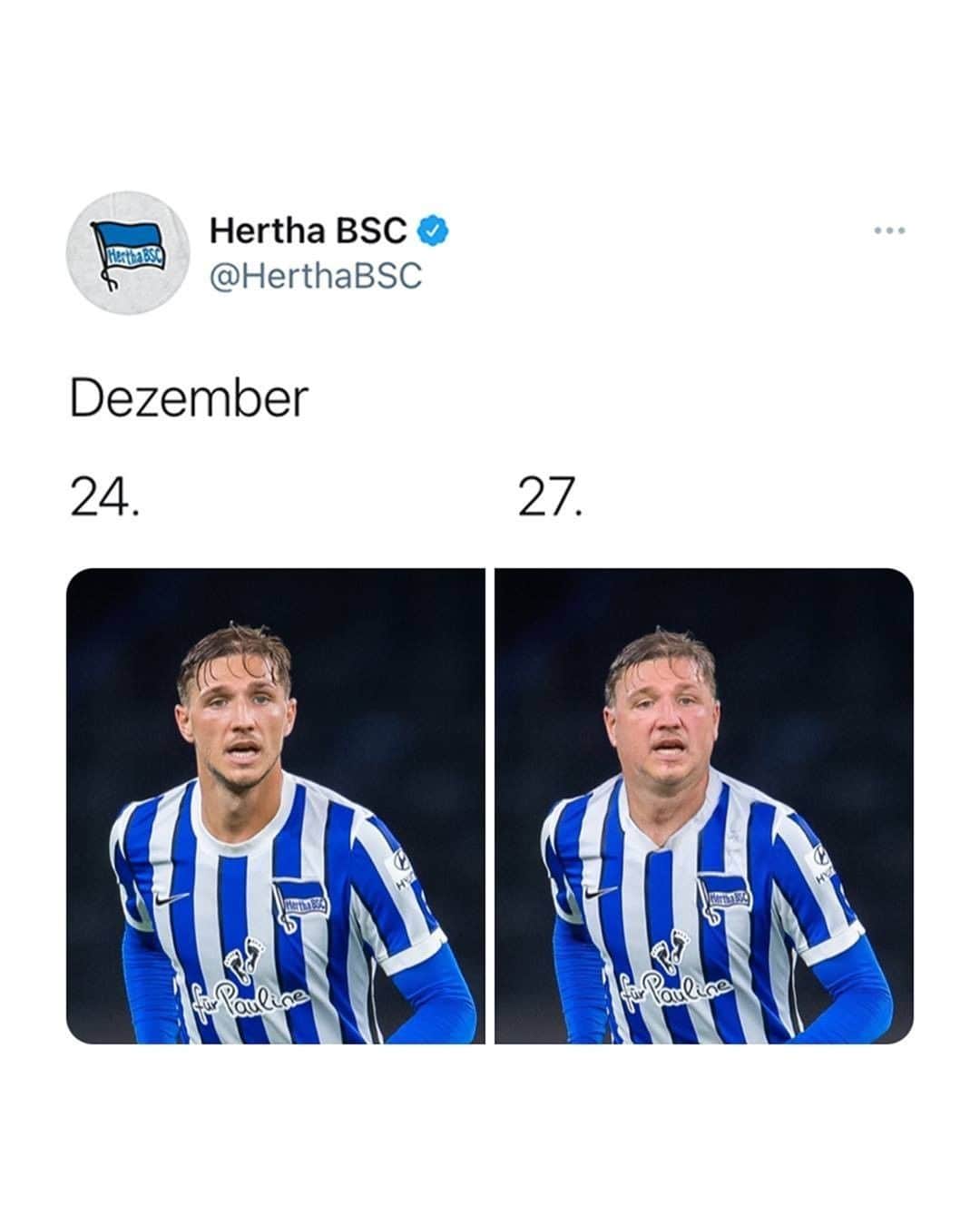 ヘルタ・ベルリンのインスタグラム：「Wem geht's genauso nach der Weihnachtsvöllerei? 😂🍖🥔🧀 . . #foodkoma #HaHoHe #herthabsc」