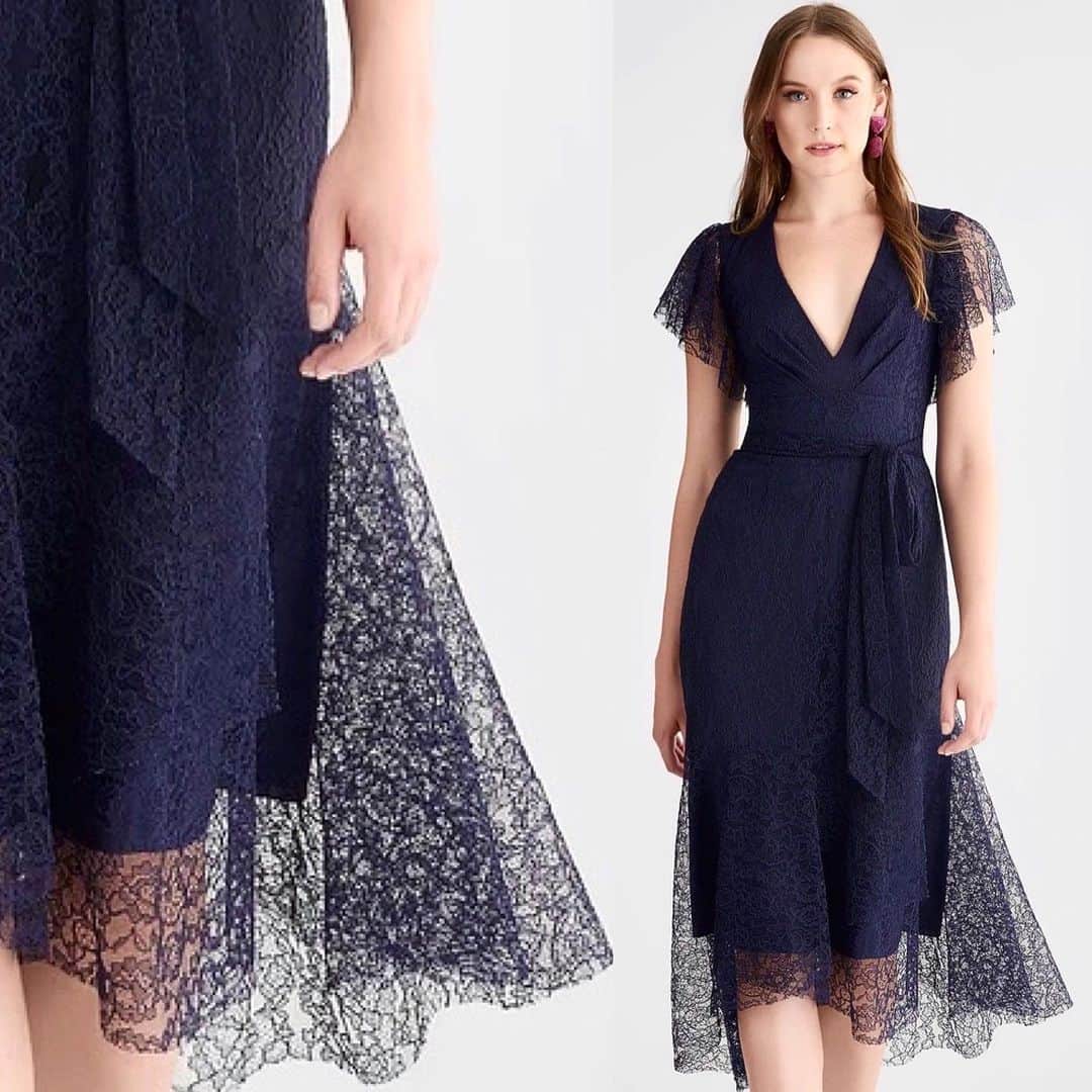 サッチン+バビのインスタグラム：「The Estella is a navy lace fit and flare silhouette with delicate cap sleeves and handkerchief hem. Elegant, feminine, unique yet timeless ,it is the perfect look for any occasion regardless of the season.#chic, #seasonless, #sachinandbabi」
