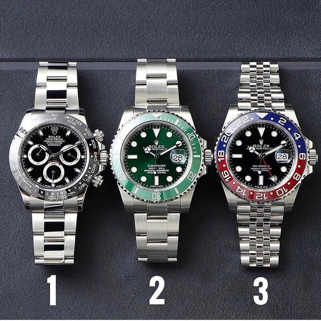 Daily Watchさんのインスタグラム写真 - (Daily WatchInstagram)「Which number would you pick? 🤔 Great line-up with the Daytona, the Submariner and the GMT-Master II. Photo by @rolexdiver」12月28日 7時42分 - dailywatch