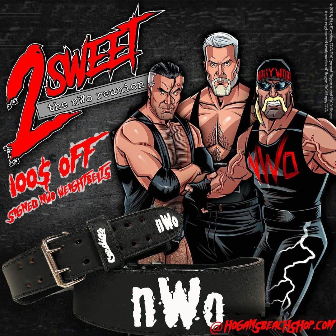 ハルク・ホーガンのインスタグラム：「The deals are not stopping @hogansbeachshop 💪 We have all of are Autographed Nwo @cardilloweightbelts on Sale Now 100$off😱 & we have the Nwo Wolfpac weightbelt in stock too...Check it out before time is up at hogansbeachshop.com (Link is in our bio) #nwo #wolfpac #hulkhogan #hulkamania #hogansbeachshop #clearwaterbeachflorida https://hogansbeachshop.com/search?type=product&q=Nwo+weight」