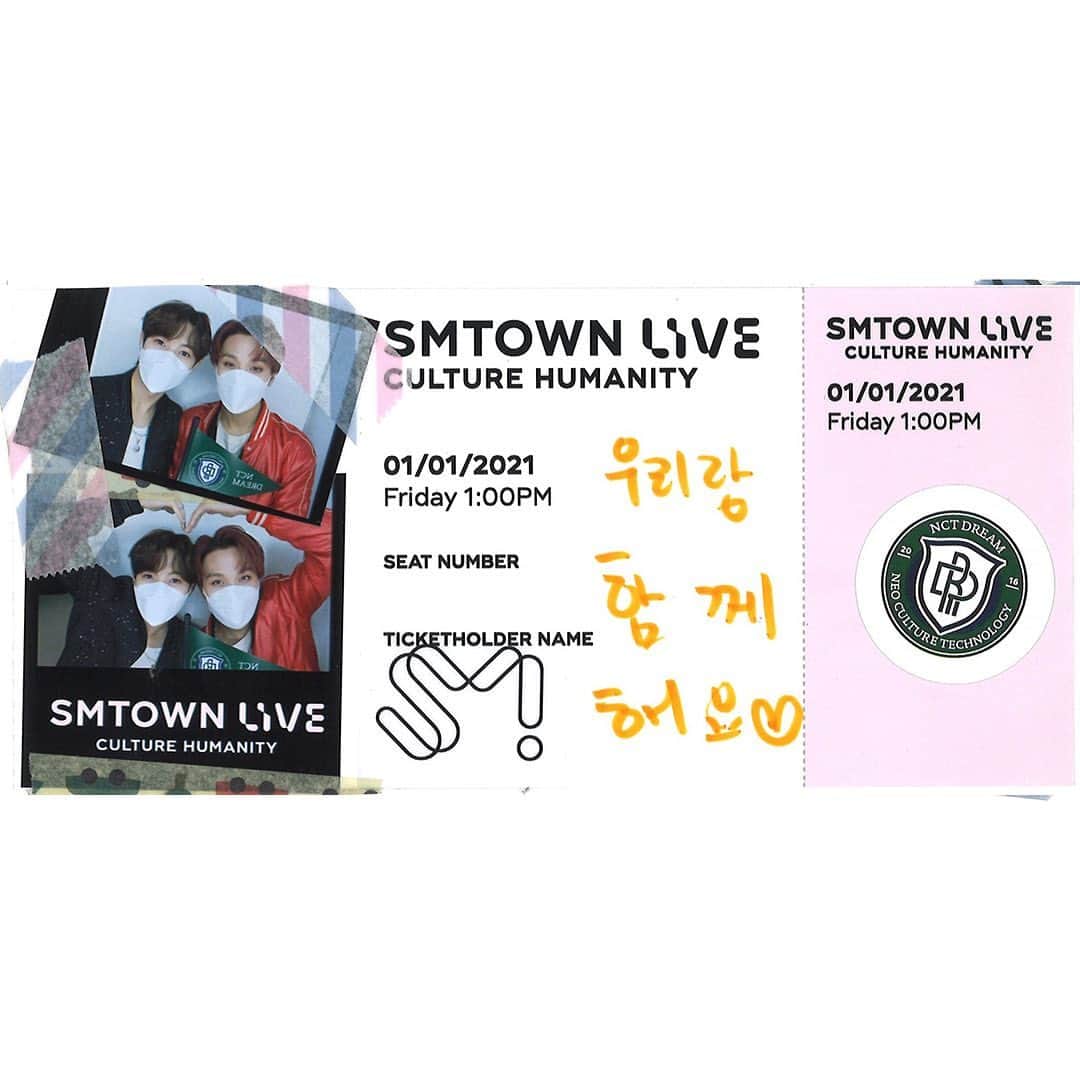 NCT DREAMさんのインスタグラム写真 - (NCT DREAMInstagram)「💌SMTOWN LIVE Ticket from #NCTDREAM has arrived!  ➫ 01.01.21 1PM KST ➫ 31.12.20 8PM PST ➫ 31.12.20 11PM EST  During this difficult time of COVID 19, enjoy the SMTOWN LIVE “Culture Humanity” that will encourage and cheer you up for free all around the world.   코로나 19로 힘든 시기, 서로를 격려하고 위로하는 SMTOWN LIVE “Culture Humanity” 전 세계에서 무료로 즐겨요.  #SMTOWN_LIVE_Culture_Humanity #RENJUN #HAECHAN #NCT #SMTOWN_LIVE #SMTOWN」12月28日 22時22分 - nct_dream