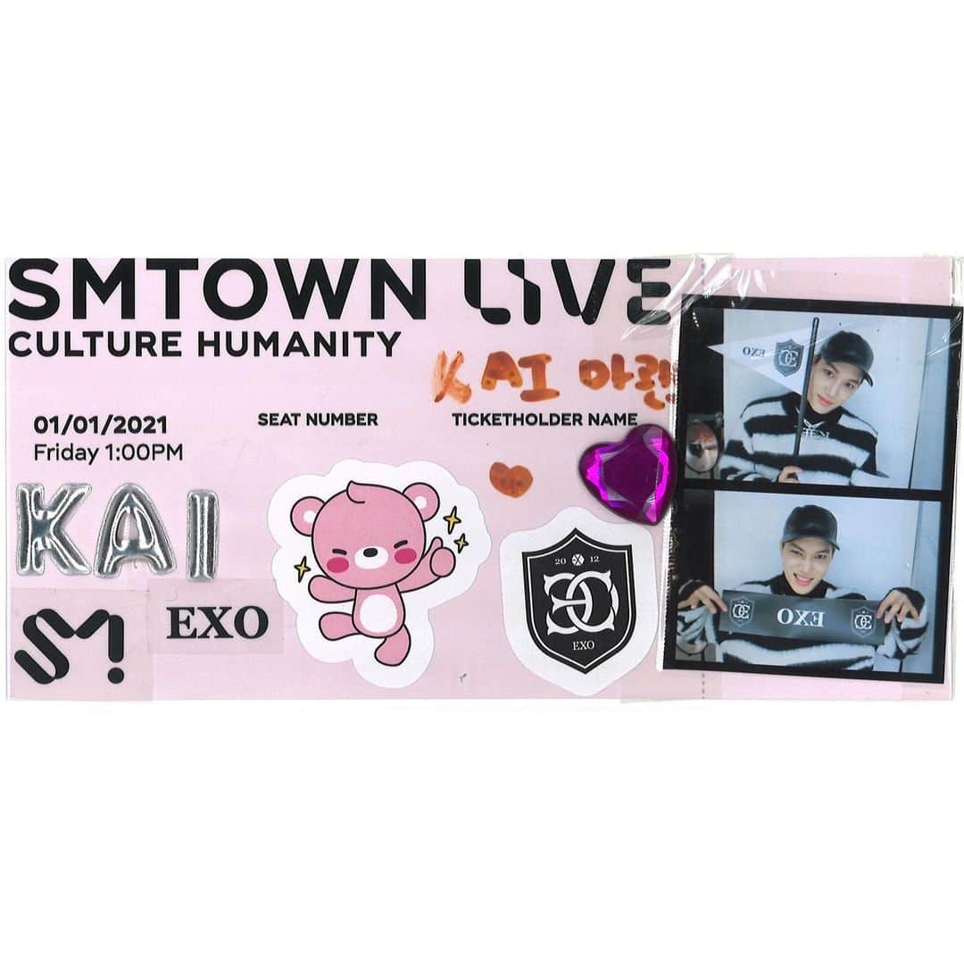 EXOさんのインスタグラム写真 - (EXOInstagram)「💌SMTOWN LIVE Ticket from ‪#KAI ‬has arrived!  ➫ 01.01.21 1PM KST ➫ 31.12.20 8PM PST ➫ 31.12.20 11PM EST  During this difficult time of COVID 19, enjoy the SMTOWN LIVE “Culture Humanity” that will encourage and cheer you up for free all around the world.   코로나 19로 힘든 시기, 서로를 격려하고 위로하는 SMTOWN LIVE “Culture Humanity” 전 세계에서 무료로 즐겨요.  #SMTOWN_LIVE_Culture_Humanity ‪#EXO‬ #SMTOWN_LIVE #SMTOWN」12月28日 22時26分 - weareone.exo