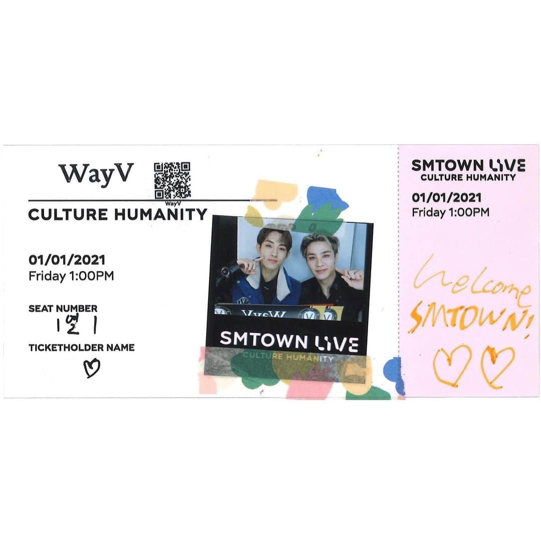 Way Vさんのインスタグラム写真 - (Way VInstagram)「💌SMTOWN LIVE Ticket from #WayV has arrived! ⠀ ➫ 01.01.21 1PM KST ➫ 31.12.20 8PM PST ➫ 31.12.20 11PM EST ⠀ During this difficult time of COVID 19, enjoy the SMTOWN LIVE “Culture Humanity” that will encourage and cheer you up for free all around the world. ⠀ 코로나 19로 힘든 시기, 서로를 격려하고 위로하는 SMTOWN LIVE “Culture Humanity” 전 세계에서 무료로 즐겨요. ⠀ 在这抗击“COVID-19”的艰难时期，SMTOWN LIVE “Culture Humanity”演唱会将进行全球免费直播，希望可以安慰和鼓励到大家，让我们一起享受演出吧。 ⠀ #SMTOWN_LIVE_Culture_Humanity #KUN #WINWIN #威神V #SMTOWN_LIVE #SMTOWN ⠀」12月28日 22時26分 - wayvofficial